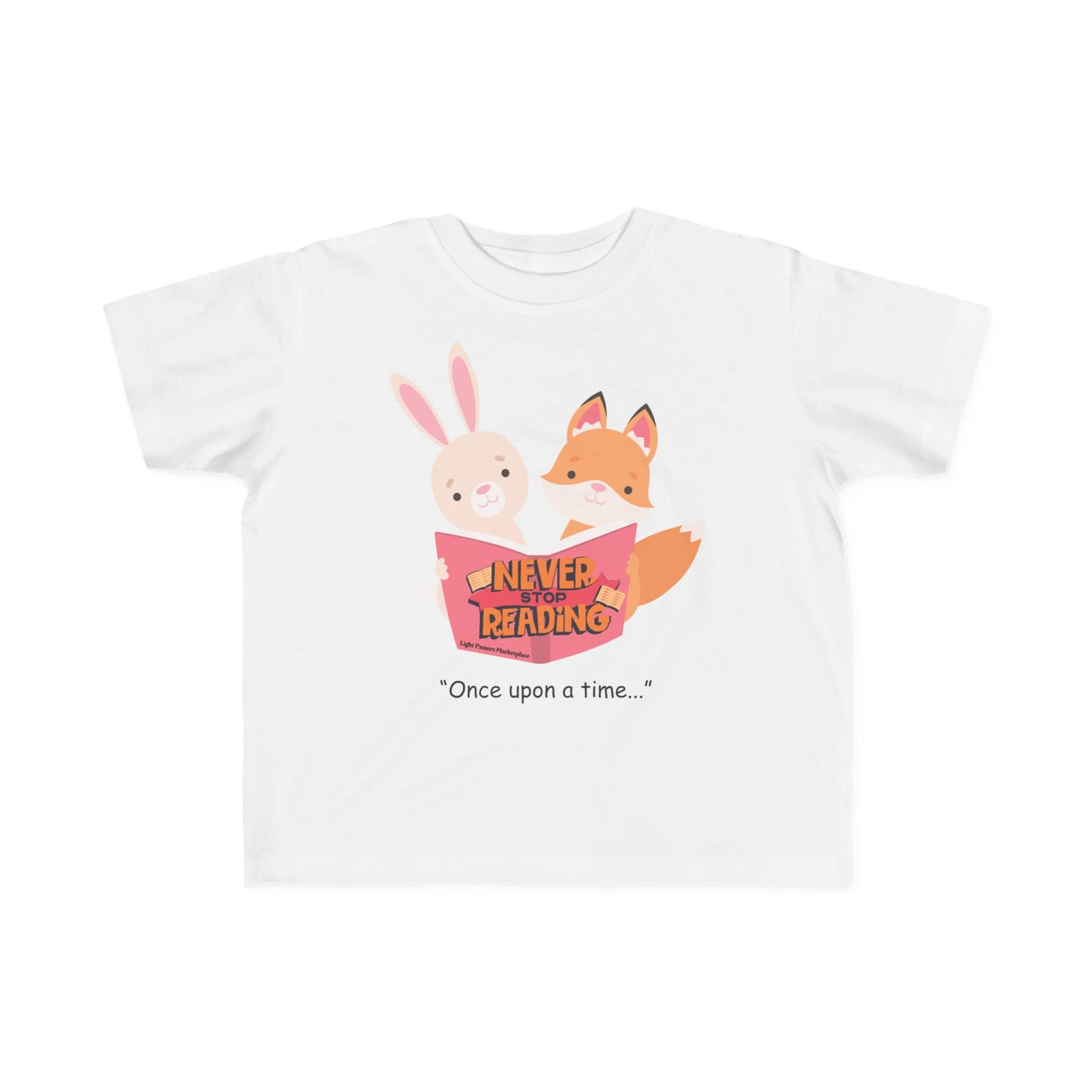 White toddler tee featuring a cartoon rabbit and fox with a book, slogan Never Stop Reading, reflecting Light Passers' inspirational themes.