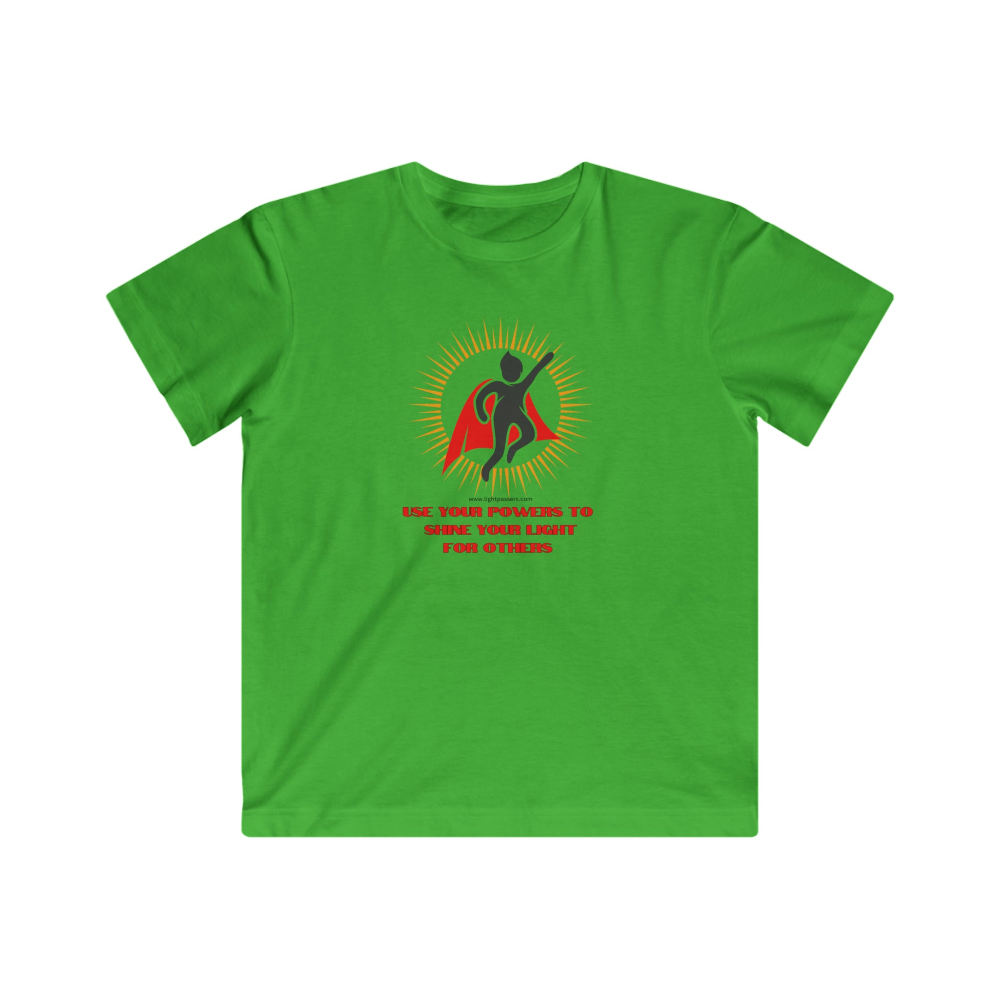 A youth t-shirt featuring a superhero logo on a green shirt with red text. Made of soft cotton, light fabric, and a tear-away label for comfort.