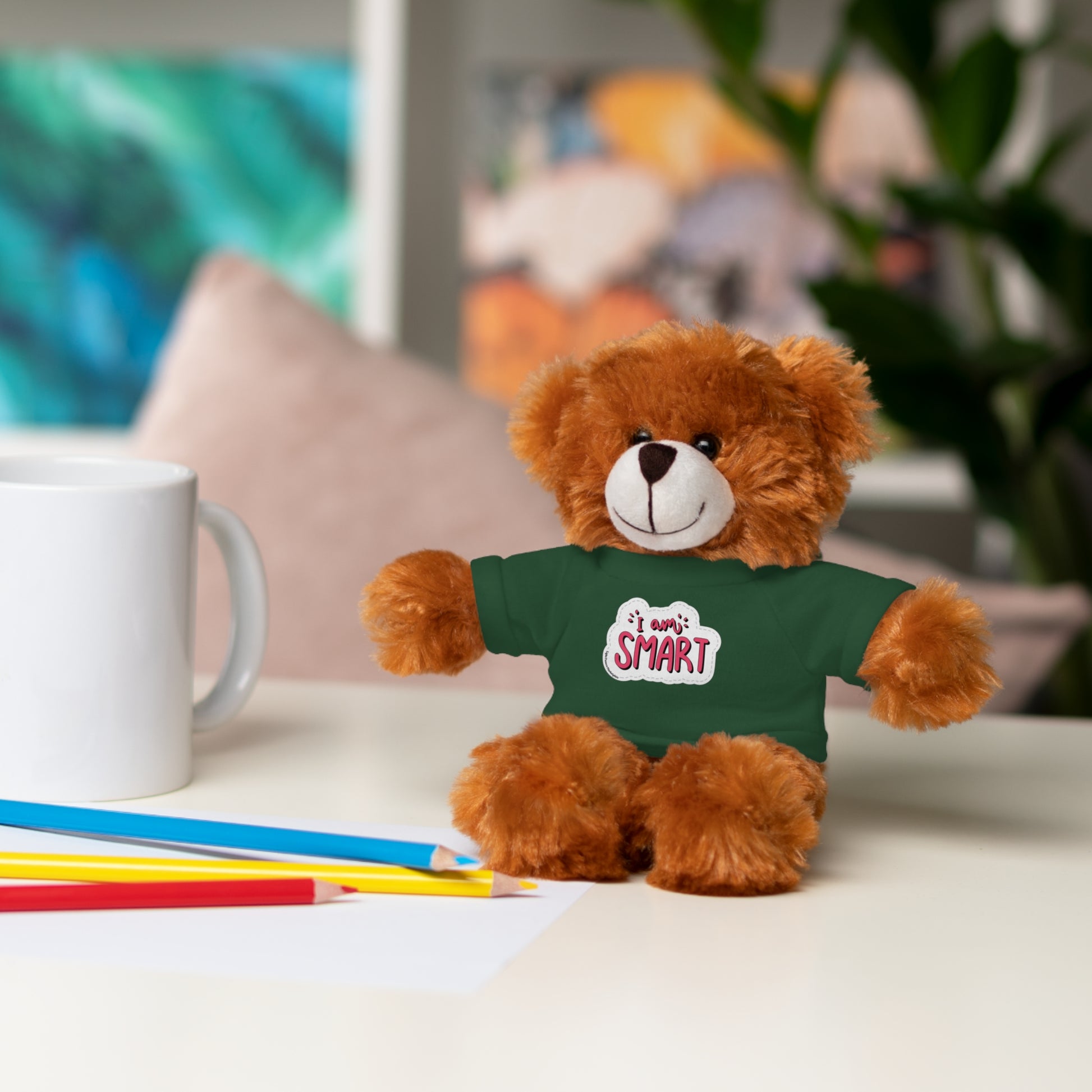 Teddy bear wearing a green I am Smart T-shirt, part of the Cool Stuff Stuffies collection featuring educational plush animals.