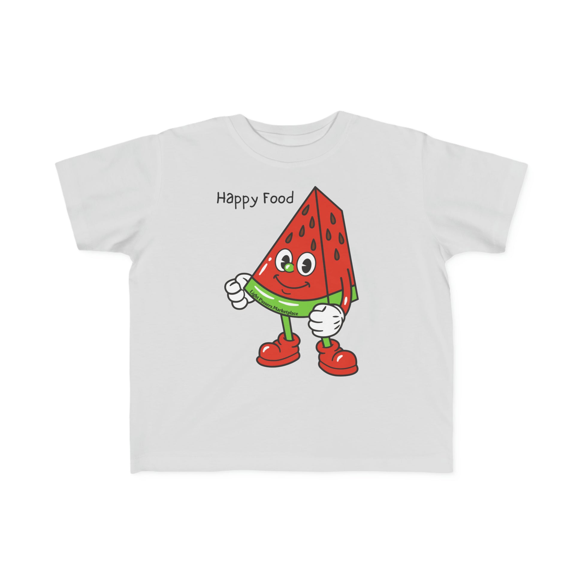 A white toddler t-shirt featuring a cartoon watermelon character with arms and legs, ideal for sensitive skin. Made of 100% combed cotton, light fabric, tear-away label, and a durable print.