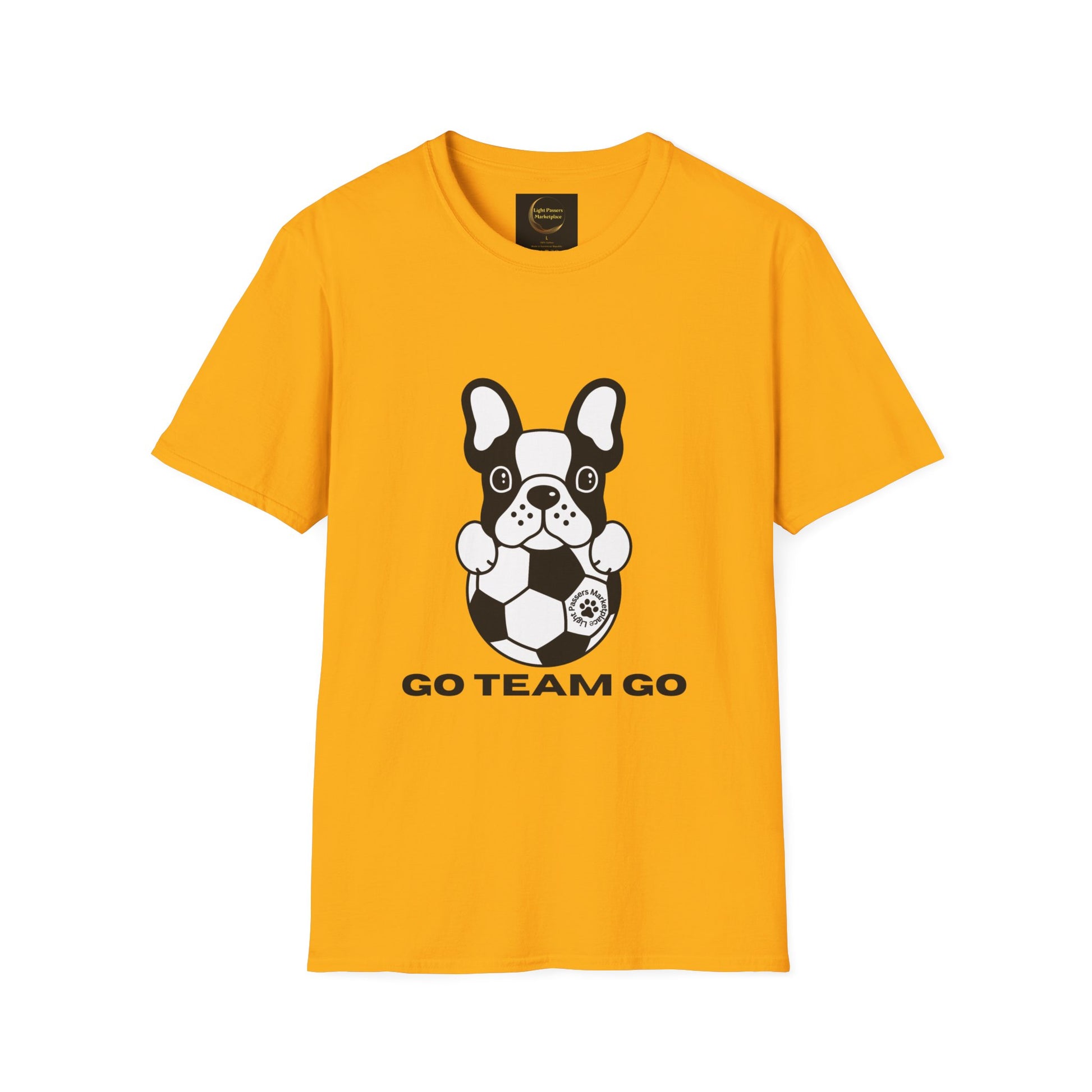 A yellow unisex t-shirt featuring a dog playing soccer, made of soft 100% ring-spun cotton. Classic fit with crew neckline, tear-away label, and ethically sourced US cotton.