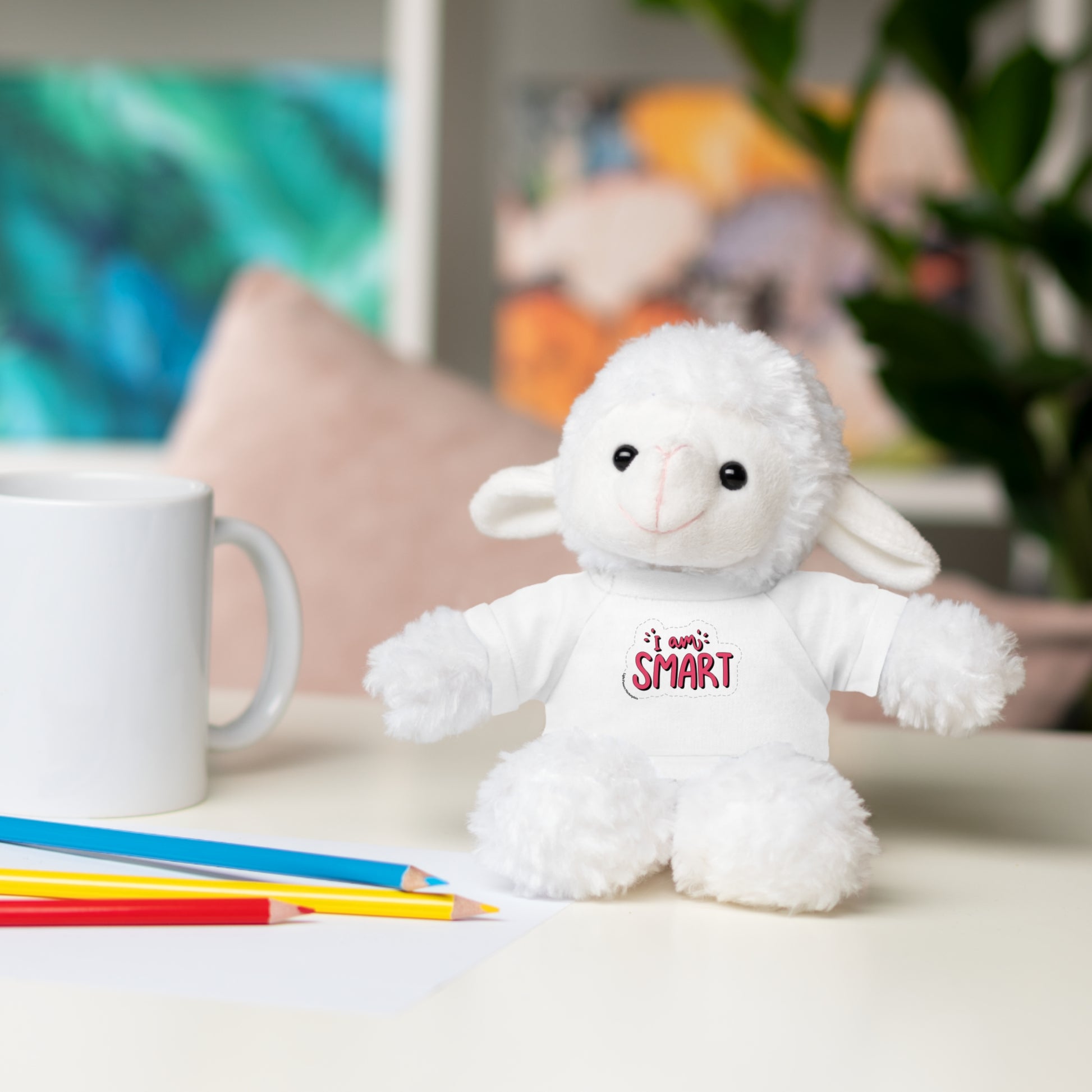 Cool Stuff Stuffies: 6 plush animals, each with an 'I am Smart' T-shirt. Includes Bear, Sheep, Bunny, Jaguar, Panda, and Lion. Perfect for educational fun.
