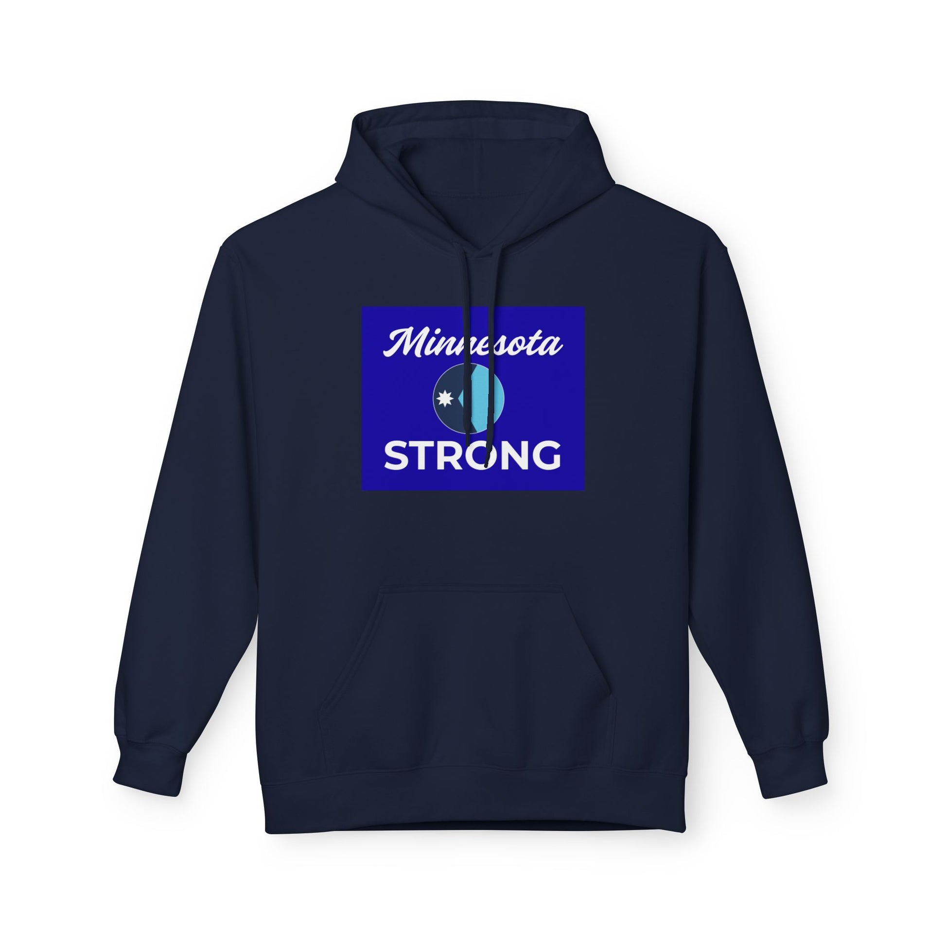 Navy-blue pullover hoodie, Minnesota Strong graphic, cursive script above circular emblem, bold STRONG text below. Unisex, midweight, with pouch pocket and lined hood.
