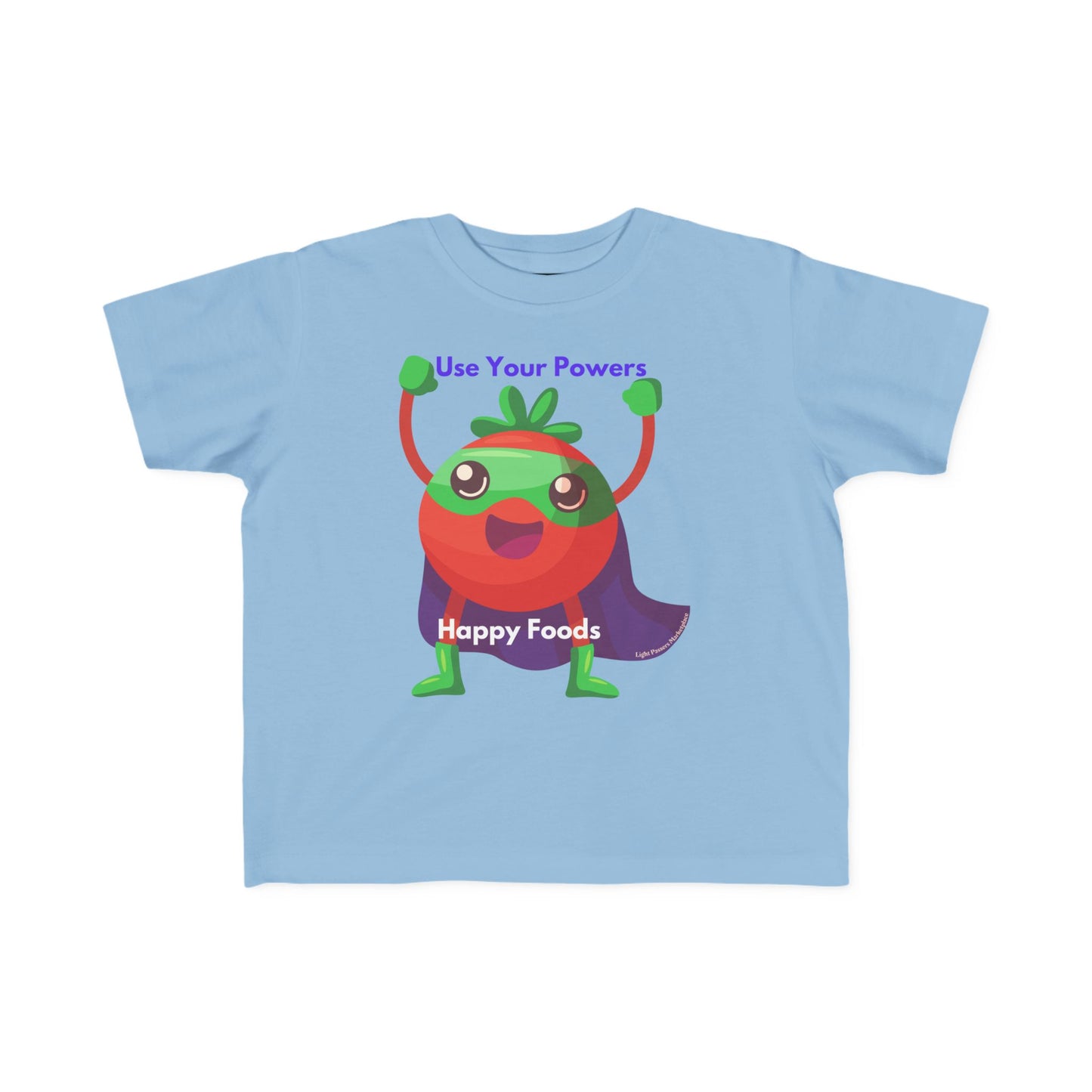 Health Tomato Power Toddler T-shirt features a superhero tomato character with Use Your Powers message, ideal for sensitive skin with a soft, durable cotton fabric.