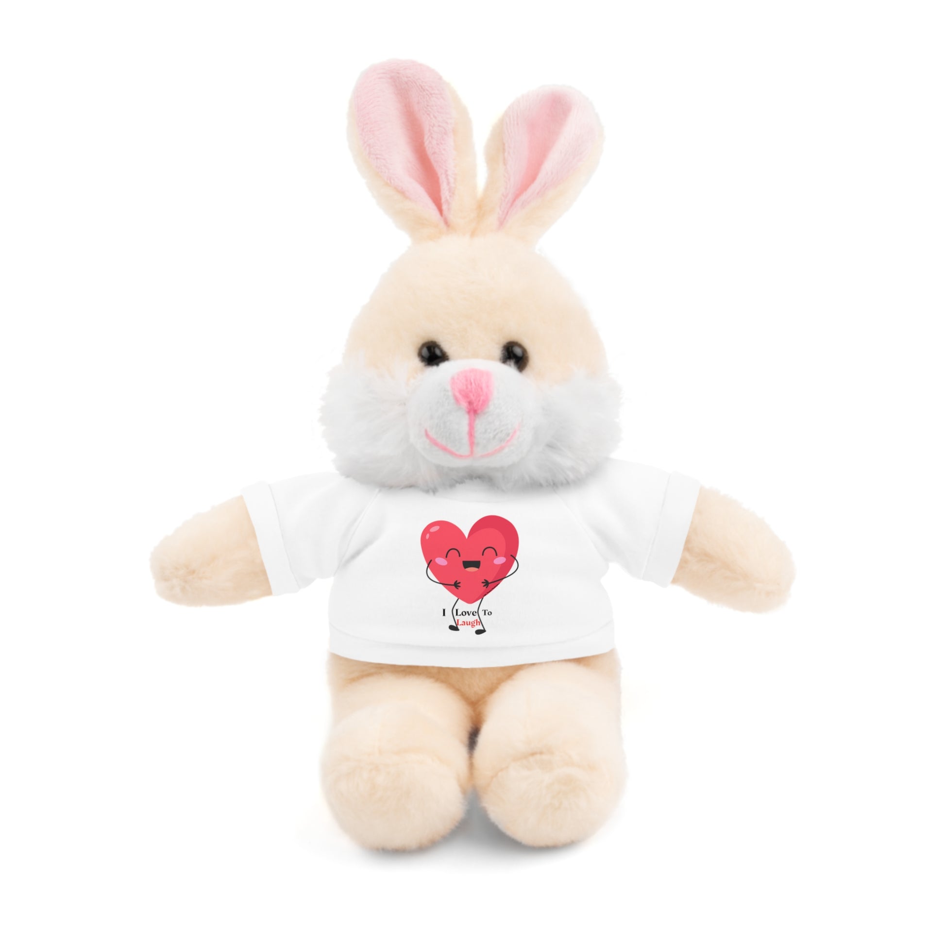 Cool Stuff Stuffies Choice of 6 Animals with I Love to Laugh Heart Removable T-shirt, featuring a plush bunny stuffed animal wearing a customizable shirt.