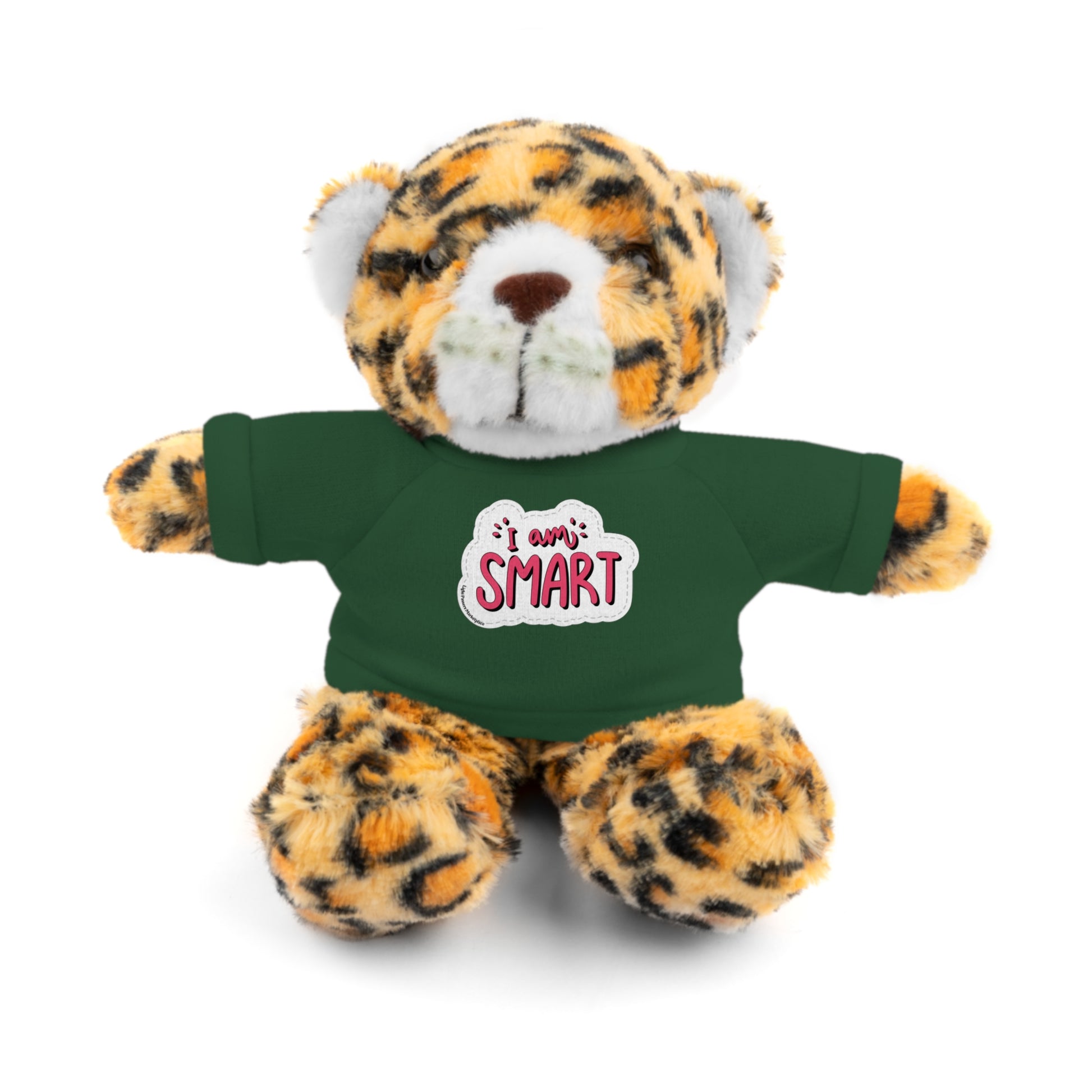 Stuffed animal wearing a green T-shirt with I am Smart message, part of Cool Stuff Stuffies collection of six educational plush toys.