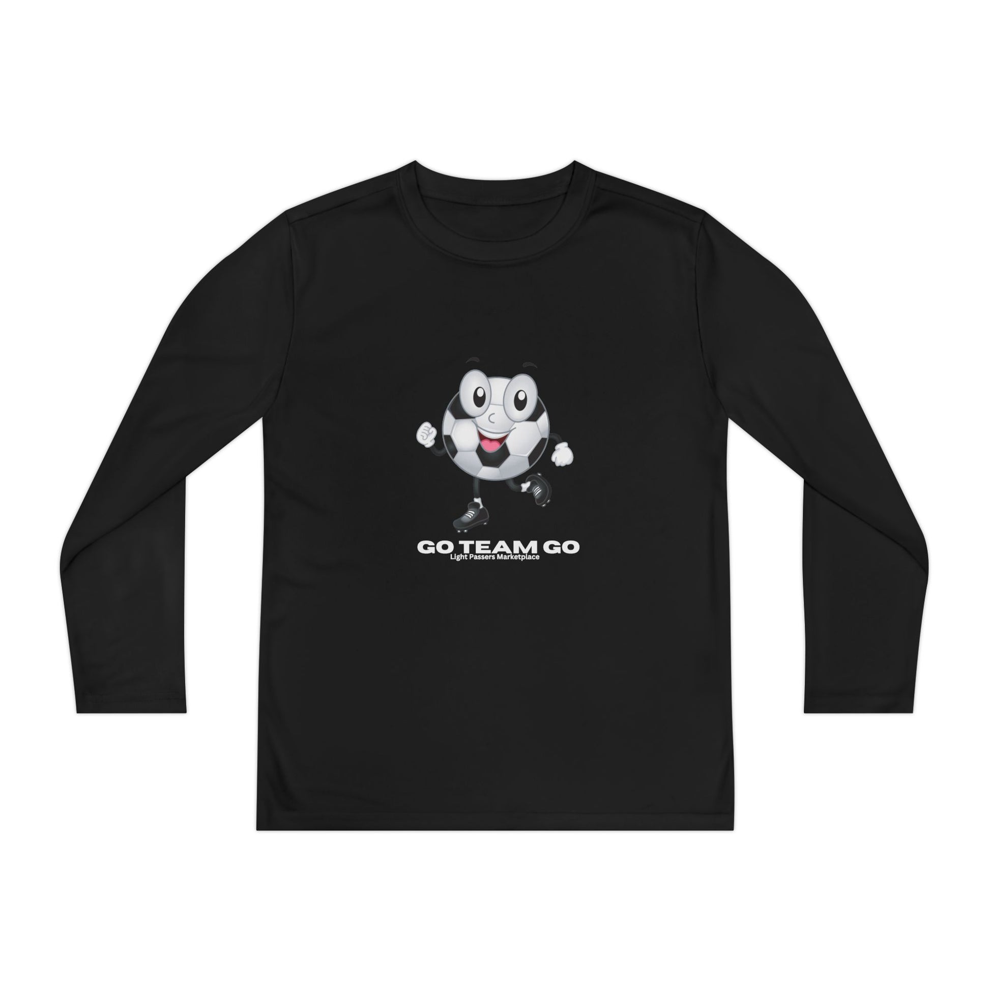 Youth Long Sleeve Soccer Ball Guy Go Team Go shirt with cartoon soccer ball mascot, slogan “GO TEAM GO,” ideal for young soccer enthusiasts.