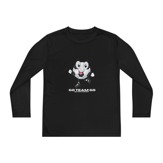 Youth Long Sleeve Soccer Ball Guy Go Team Go shirt with cartoon soccer ball mascot, slogan “GO TEAM GO,” ideal for young soccer enthusiasts.