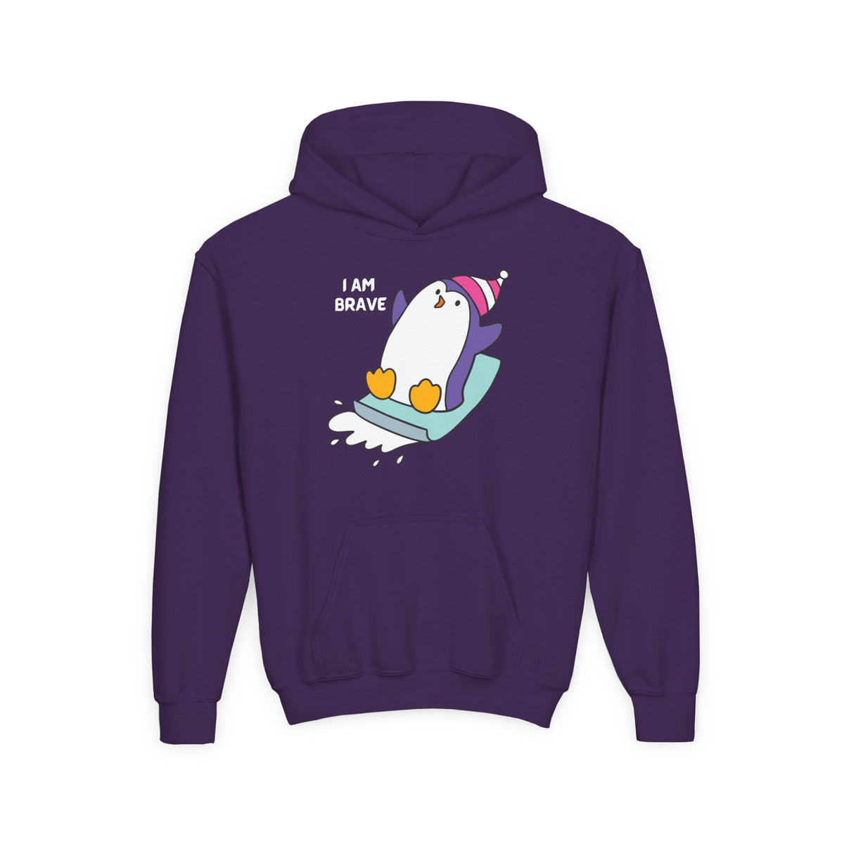 Brave Penguin Youth Hoodie – Cute Sledding Penguin "I Am Brave" Kids Sweatshirt