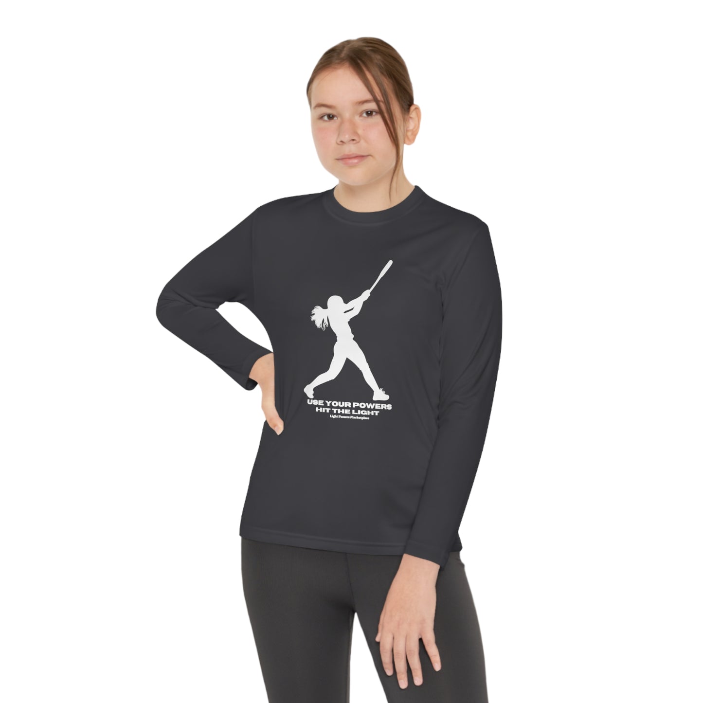 A youth long sleeve tee featuring a silhouette of a girl swinging a bat. Made of 100% moisture-wicking polyester with an athletic fit for active kids. Lightweight, breathable, and stylish.
