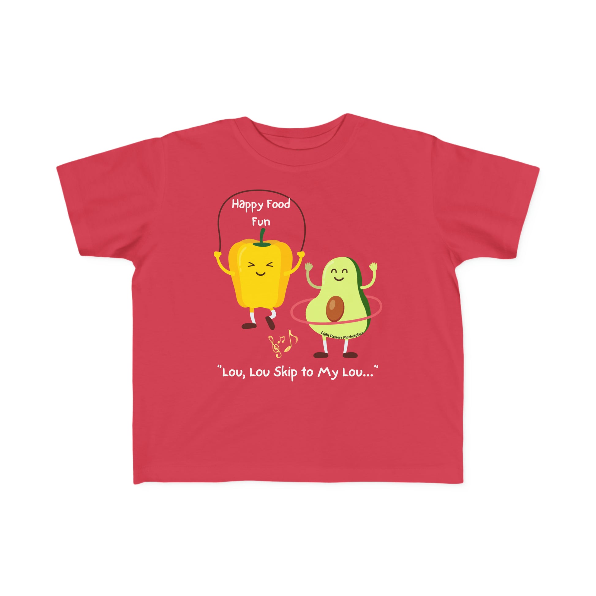A red toddler t-shirt featuring cartoon characters, made of soft 100% combed cotton. Durable print, light fabric, tear-away label, and a classic fit for comfort.