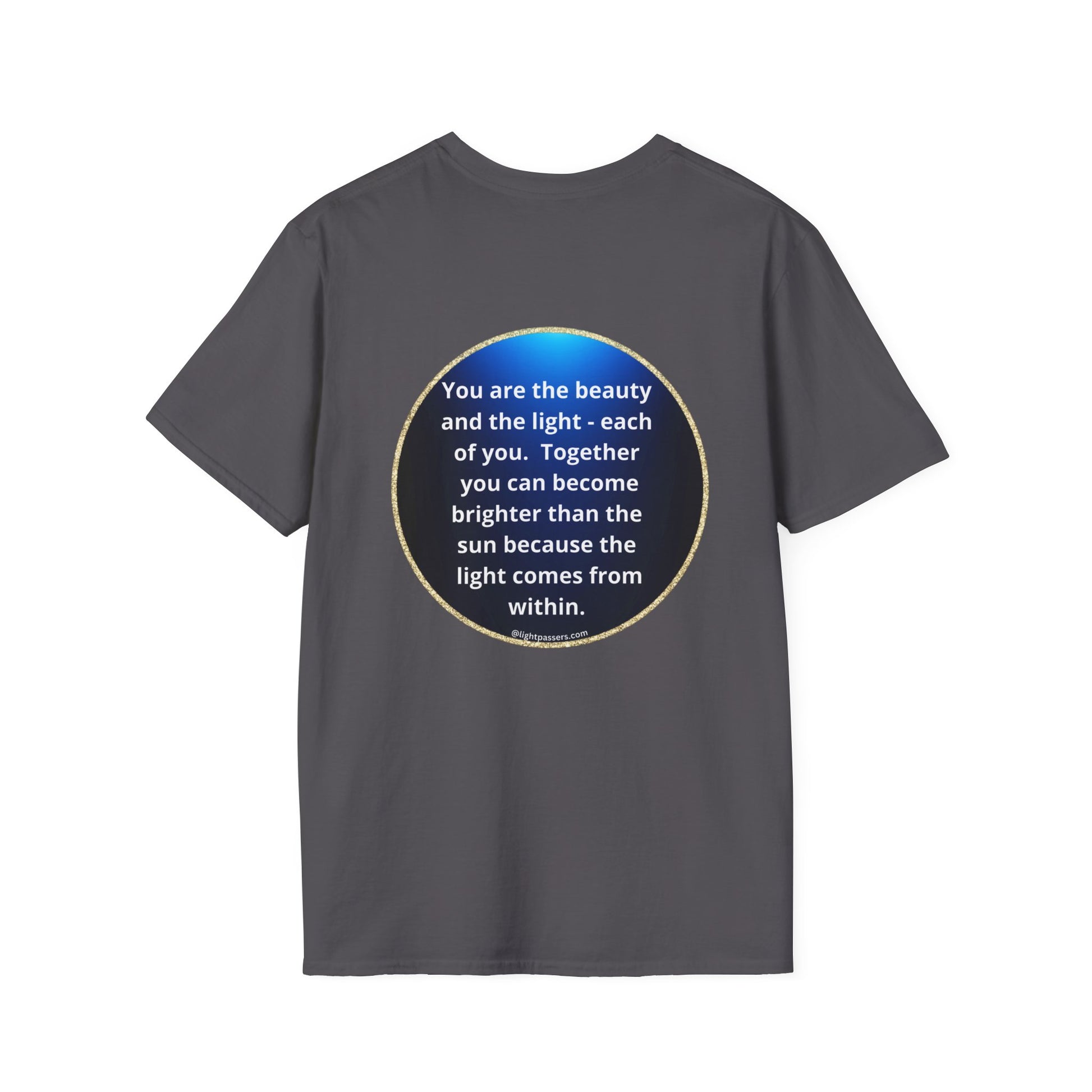 Unisex heavy cotton tee with a navy circle back LP logo on the front. Smooth surface for vivid printing, no side seams, tape on shoulders for durability. Classic fit, 100% cotton.