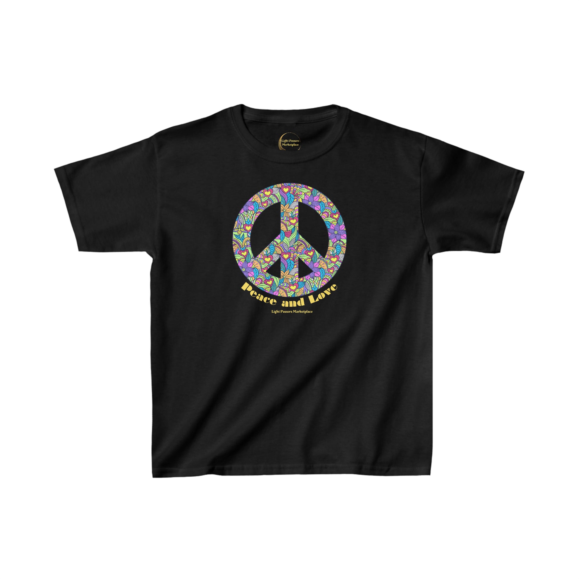A black youth t-shirt featuring a peace sign adorned with colorful flowers. Made of 100% cotton with twill tape shoulders for durability and ribbed collar for curl resistance. Ethically sourced and Oeko-Tex certified.
