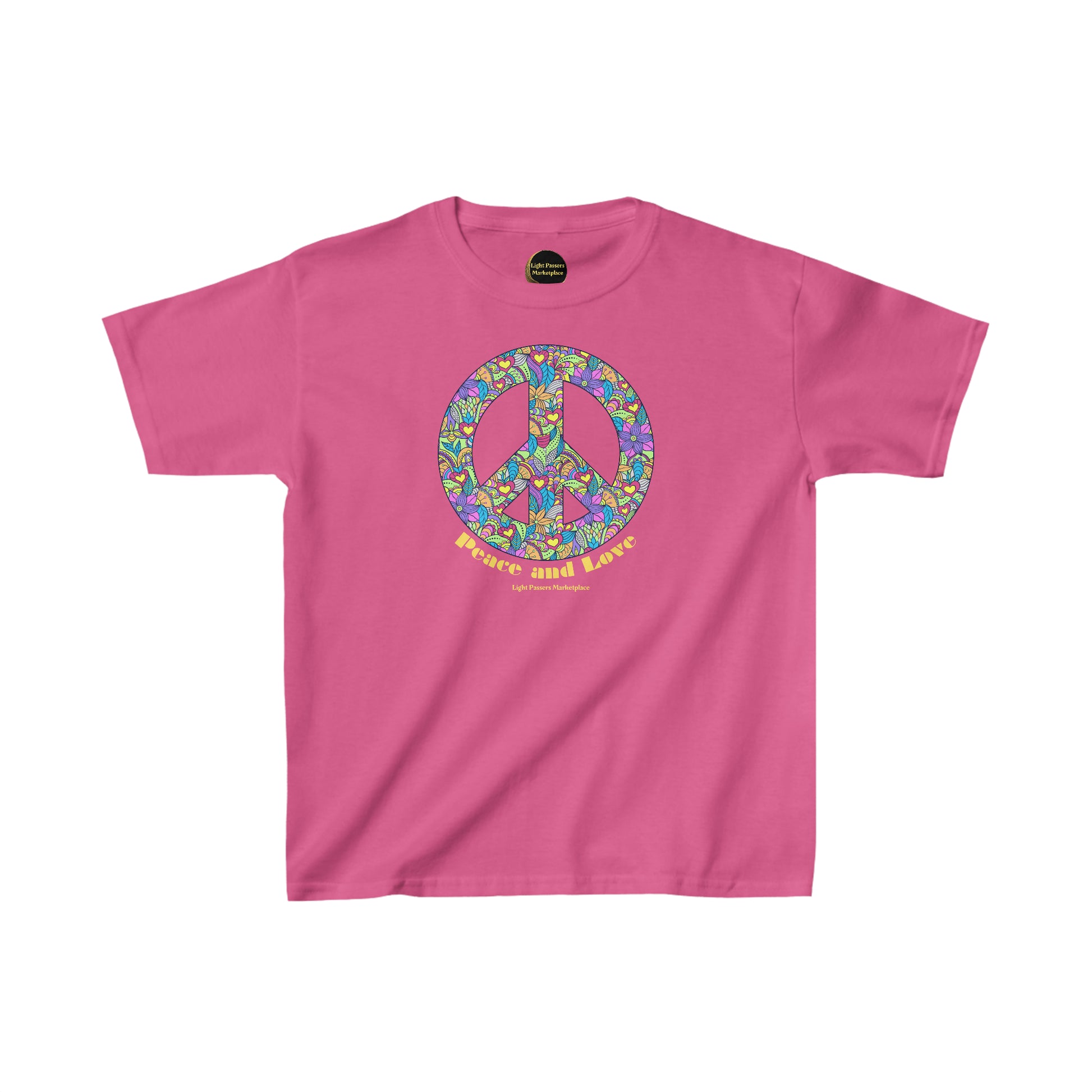 Youth heavy cotton t-shirt featuring a pink shirt with a peace sign, flowers, and hearts design. Made of 100% cotton, ideal for printing, with twill tape shoulders for durability and curl-resistant collar.
