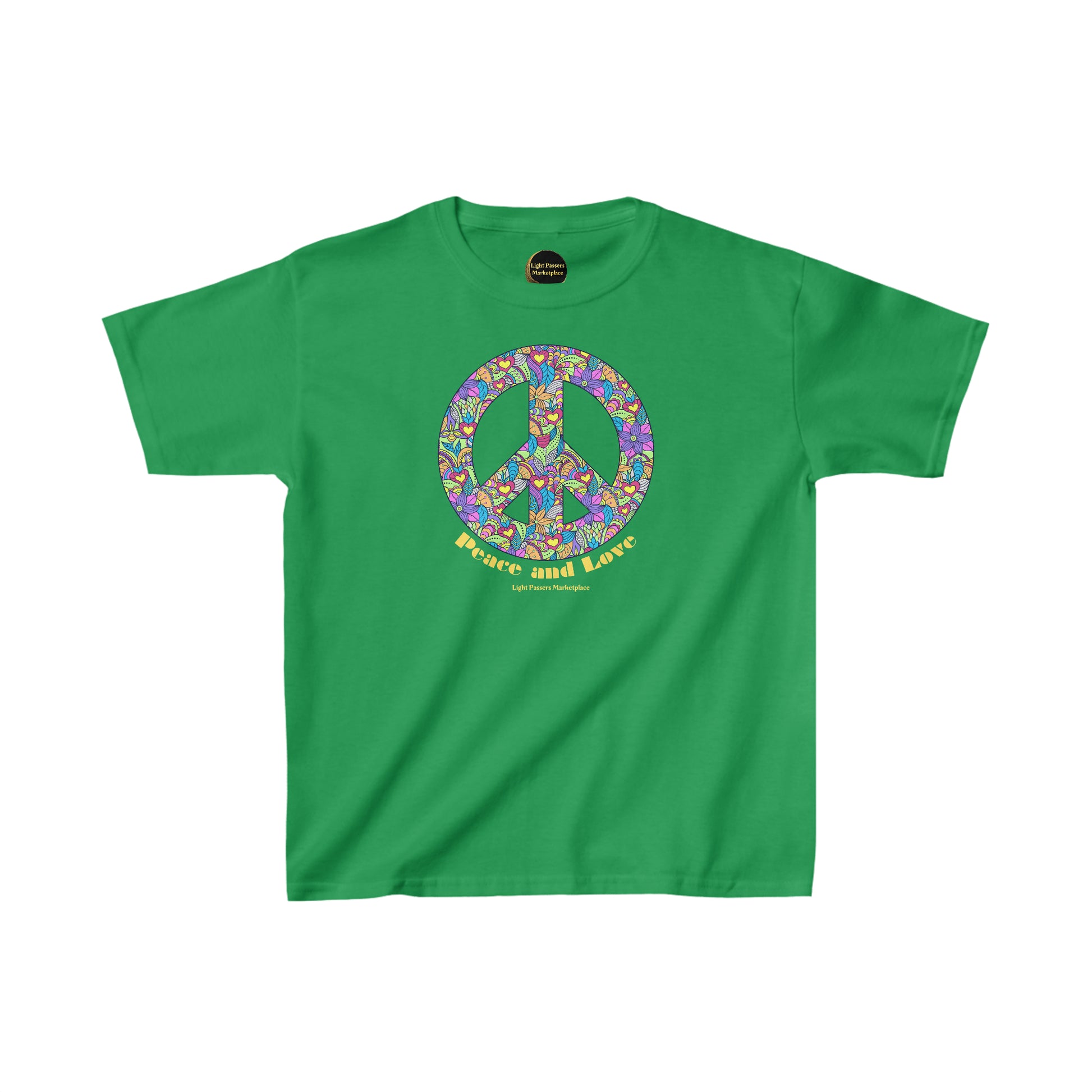 A green youth t-shirt featuring a peace sign adorned with colorful flowers and hearts. Made of 100% cotton with twill tape shoulders for durability and a curl-resistant collar. Ethically sourced and Oeko-Tex certified.