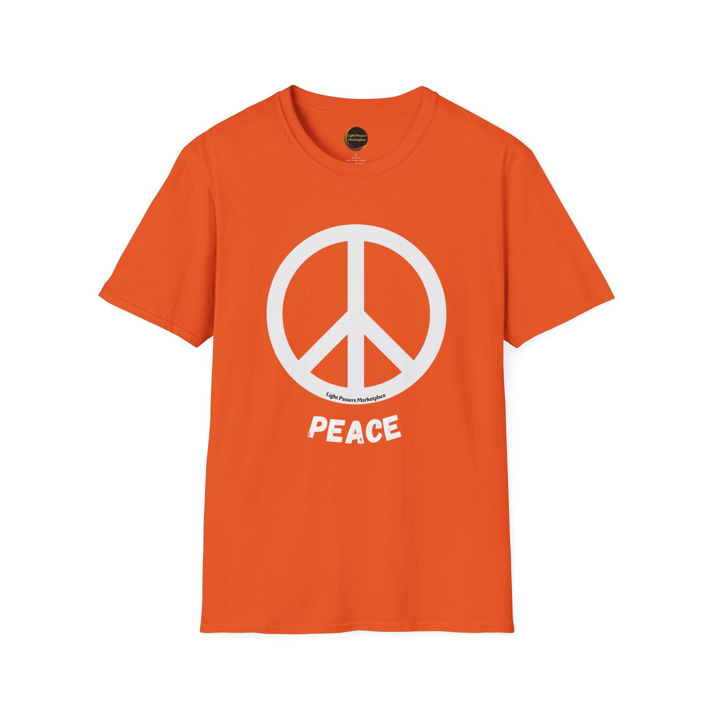 A close-up of a black or white unisex t-shirt featuring a peace sign design. Made of soft 100% cotton with twill tape shoulders and a ribbed collar for durability and comfort.
