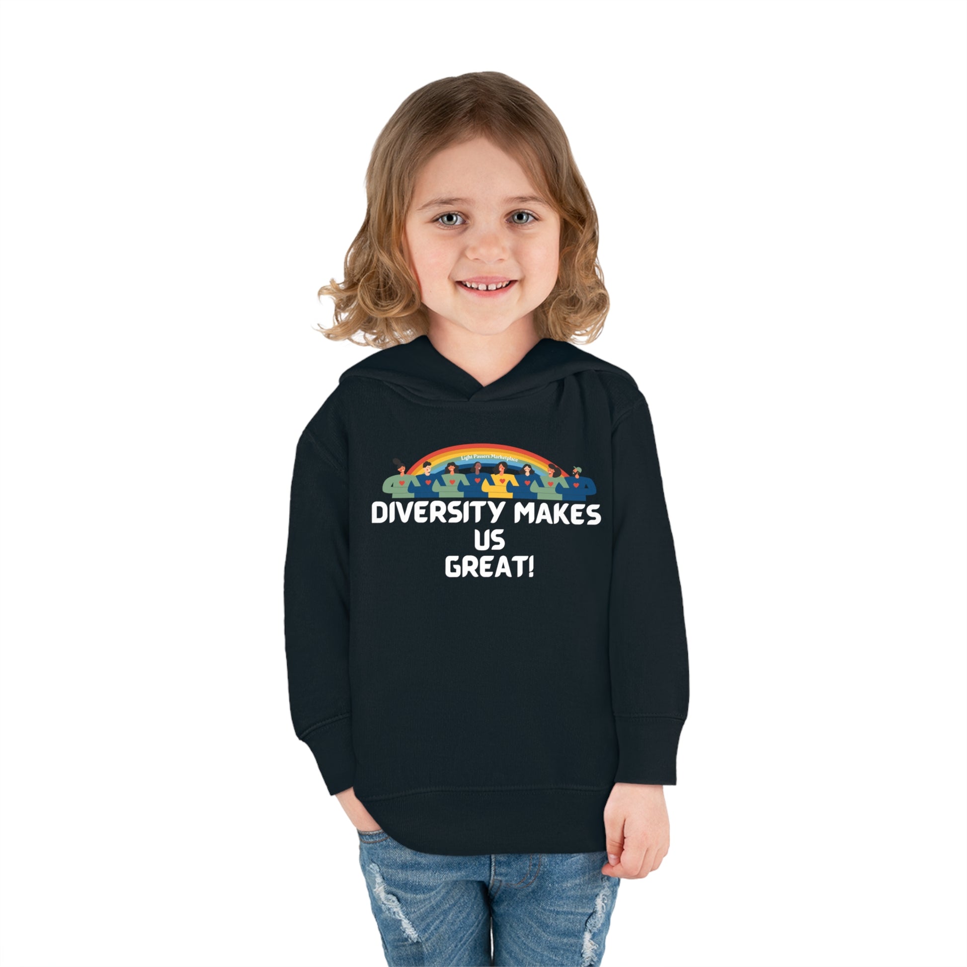 A smiling child in a Rabbit Skins toddler hoodie with jersey-lined hood, cover-stitched details, and side seam pockets. Made of 60% cotton, 40% polyester for cozy durability.