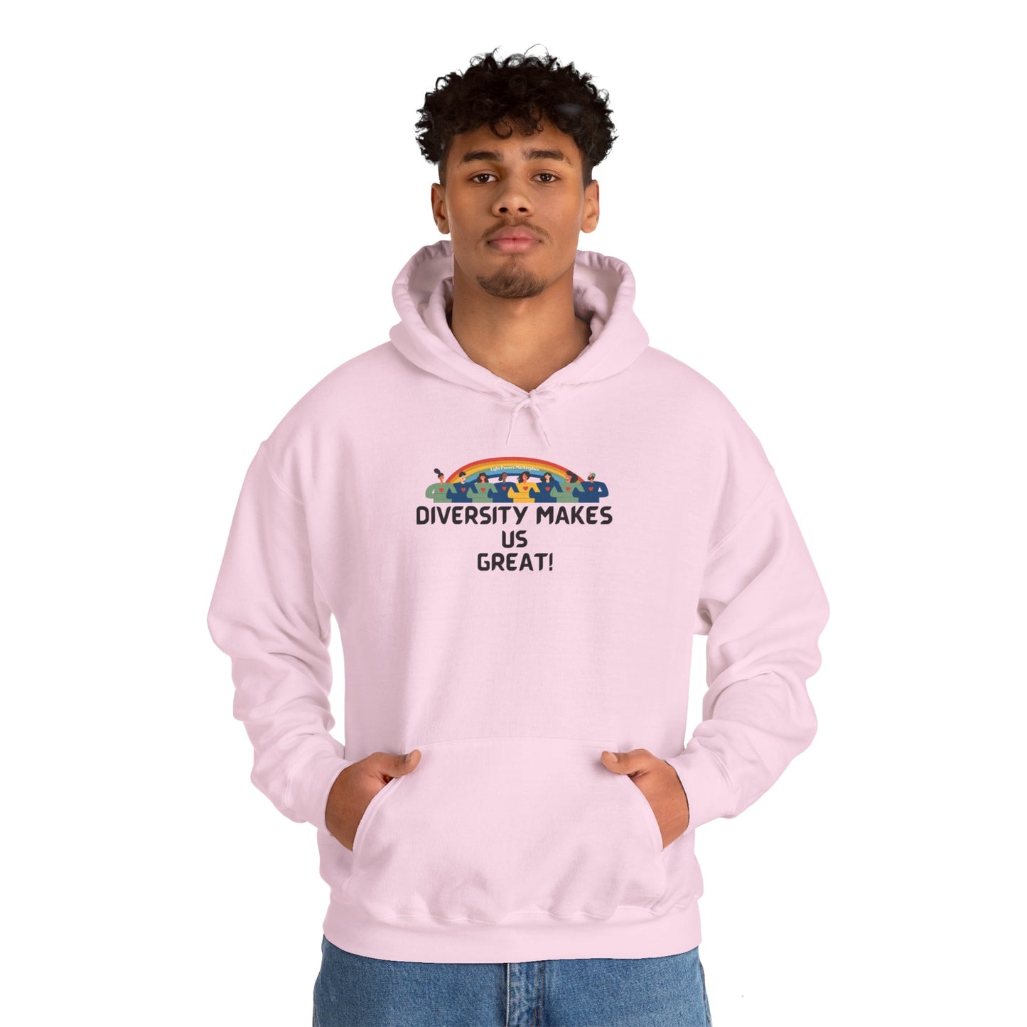 A man in a pink hooded sweatshirt with a rainbow logo, showcasing a cozy blend of cotton and polyester for warmth and comfort. Kangaroo pocket and color-matched drawstring add practicality and style.