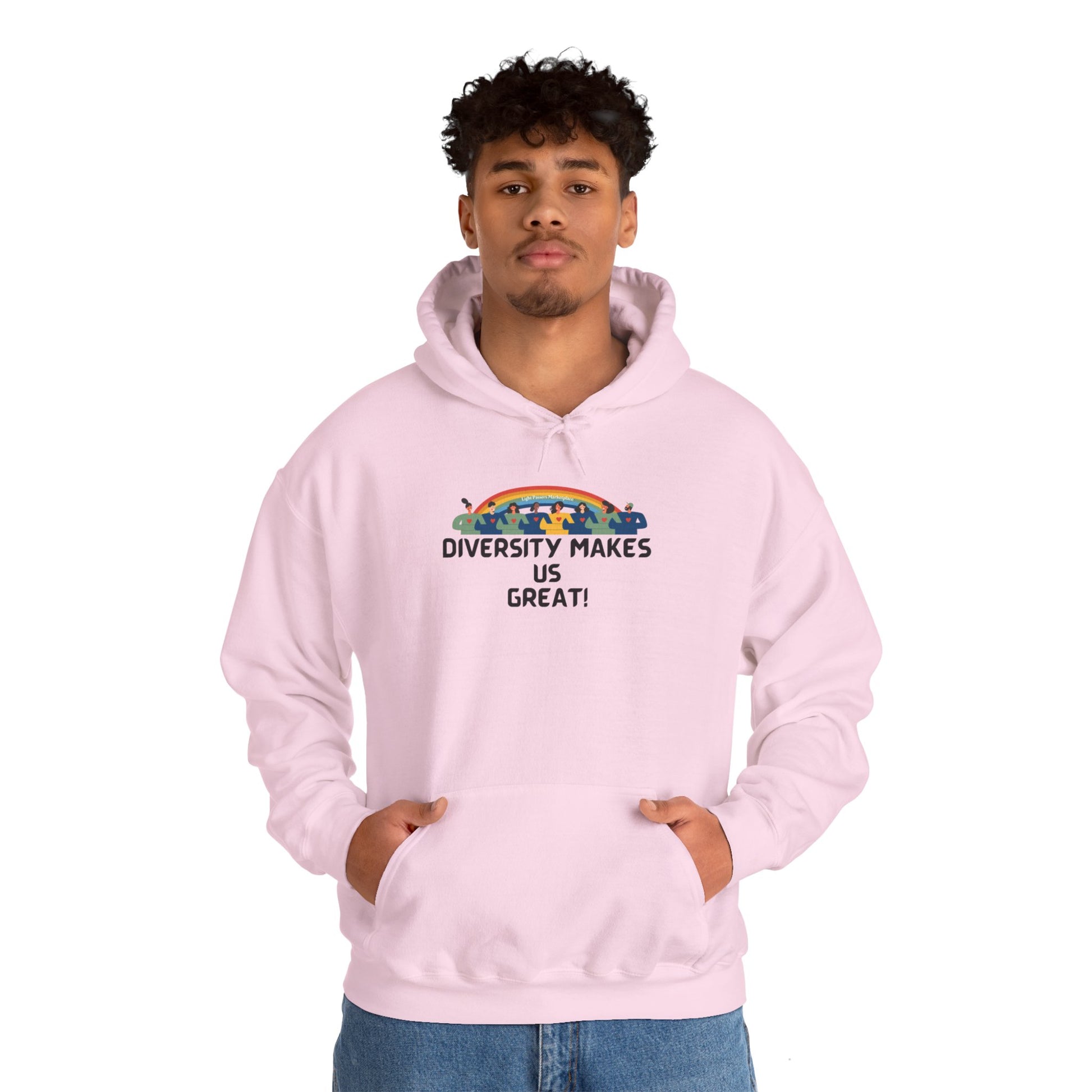 A man in a pink hooded sweatshirt with a rainbow logo, showcasing a cozy blend of cotton and polyester for warmth and comfort. Kangaroo pocket and color-matched drawstring add practicality and style.