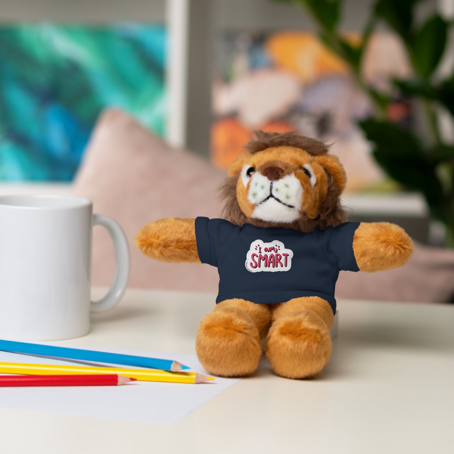 Cool Stuff Stuffies: Six plush animals with I am Smart T-shirts, including bear, sheep, bunny, jaguar, panda, and lion, perfect for educational cuddles.