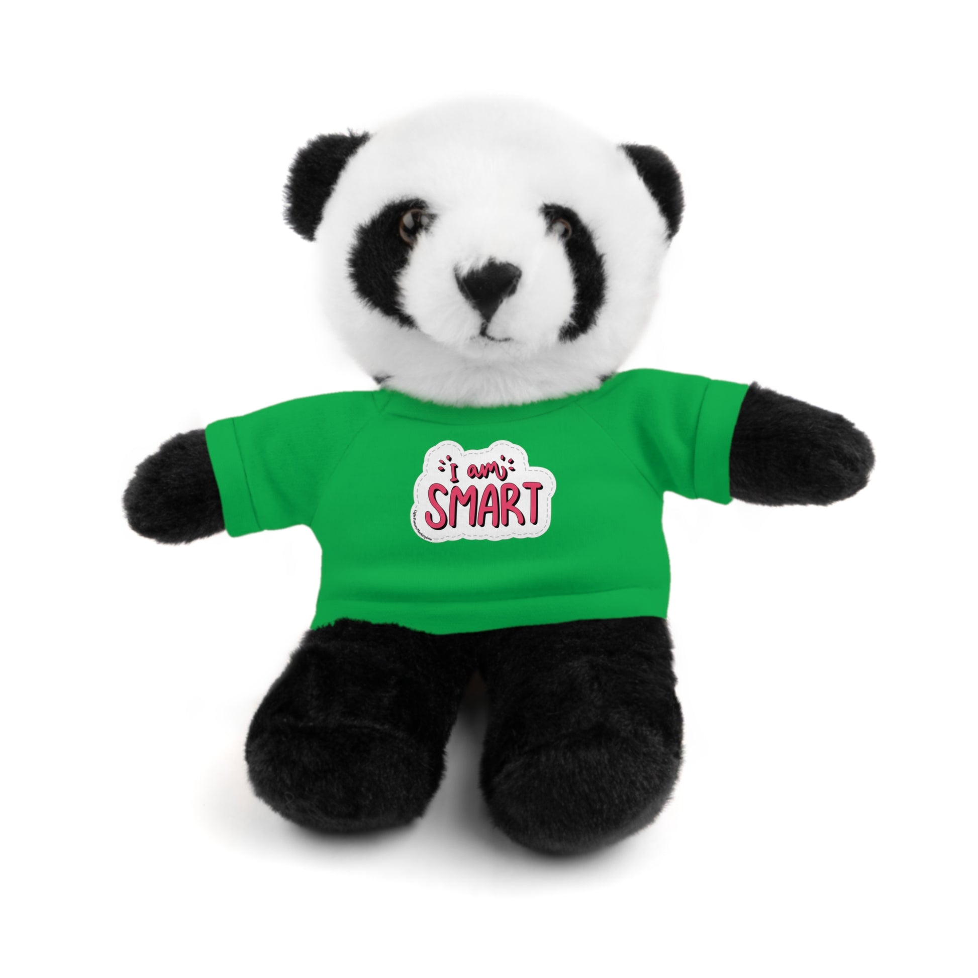 Stuffed panda bear in a green shirt with I am Smart message, part of Cool Stuff Stuffies collection featuring 6 educational plush animals.