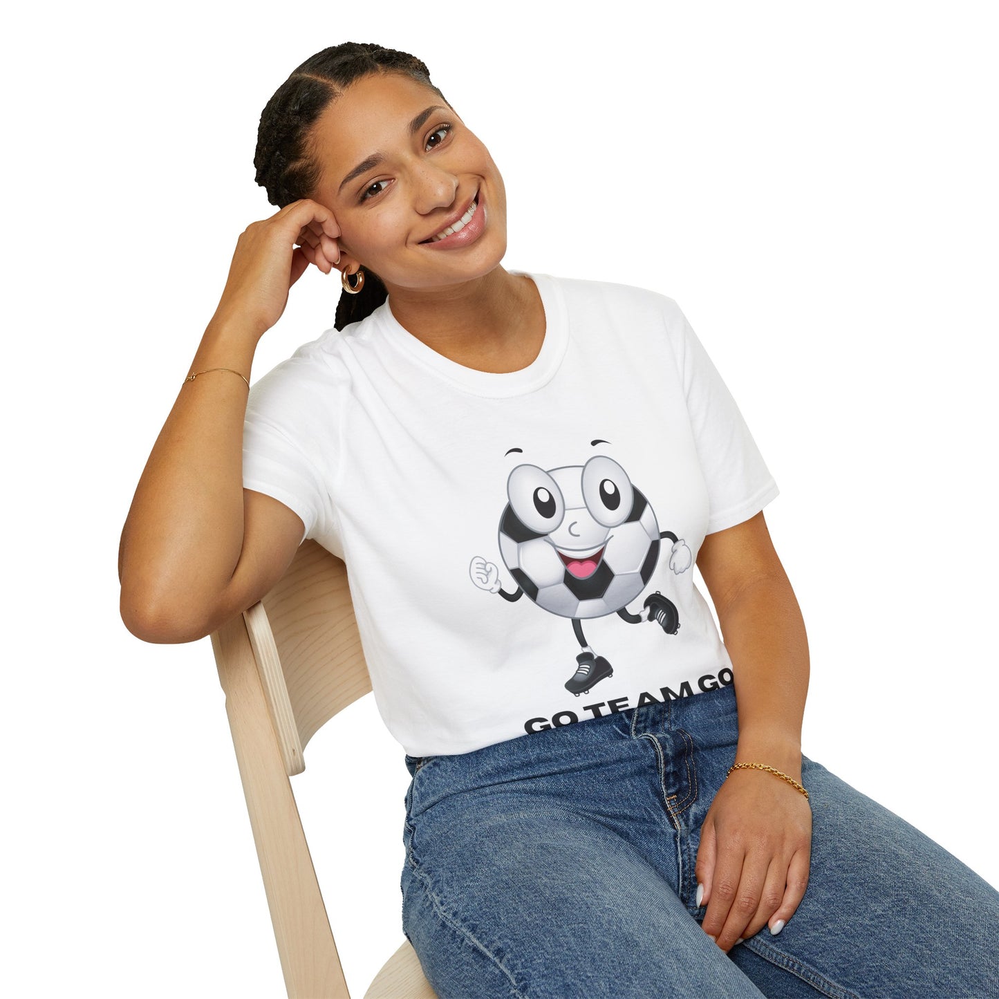 A woman in a white shirt with a cartoon football ball, showcasing the Soccer Ball Guy Team Unisex T-Shirt's casual comfort and 100% cotton softness.