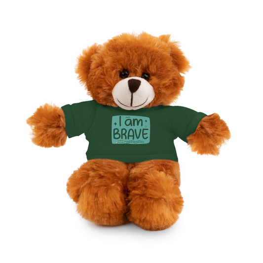 Cool Stuff Stuffies teddy bear, wearing a green customizable I am Brave tee, perfect for cuddling and gifting, part of a six-animal plush collection.