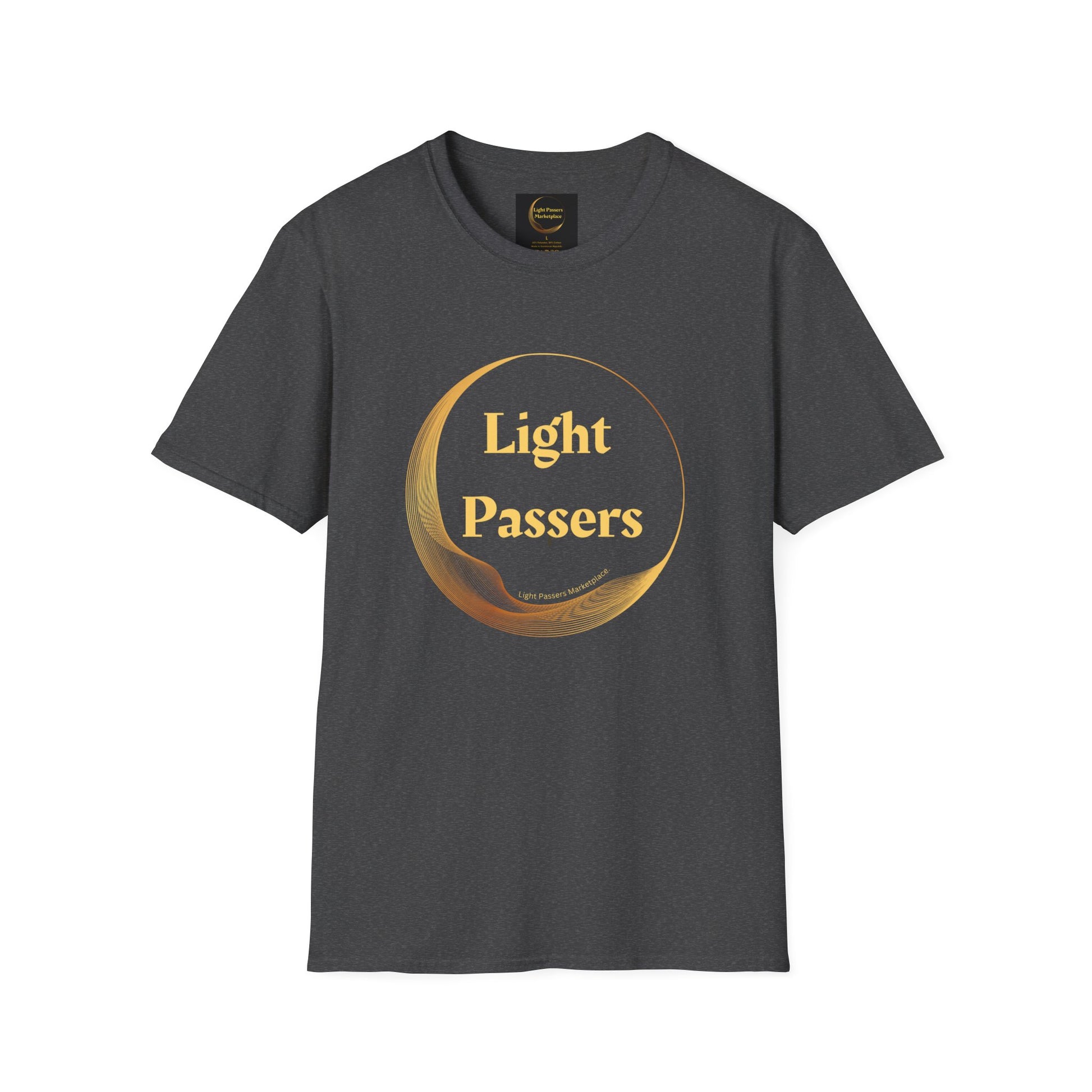 A black t-shirt featuring a gold logo design, showcasing a classic fit and durable construction. Made of 100% cotton with smooth surface for vivid printing. No side seams for added comfort.