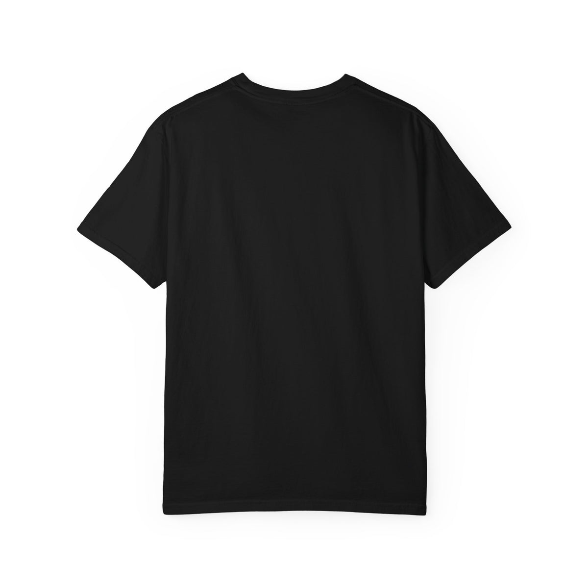 Black unisex T-shirt back view, plain crew neck with short sleeves