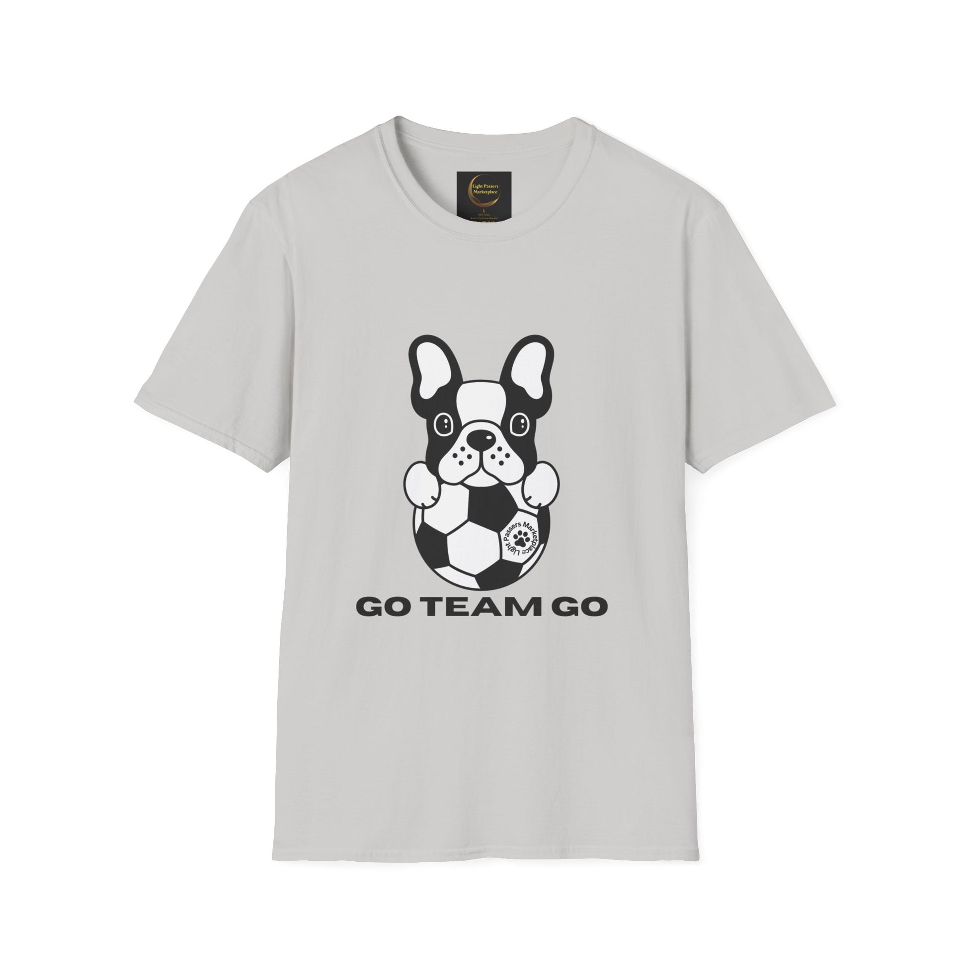 A unisex t-shirt featuring a black and white dog with a football, made of soft 100% ring-spun cotton. Classic fit, crew neckline, tear-away label, and ethically sourced US cotton.