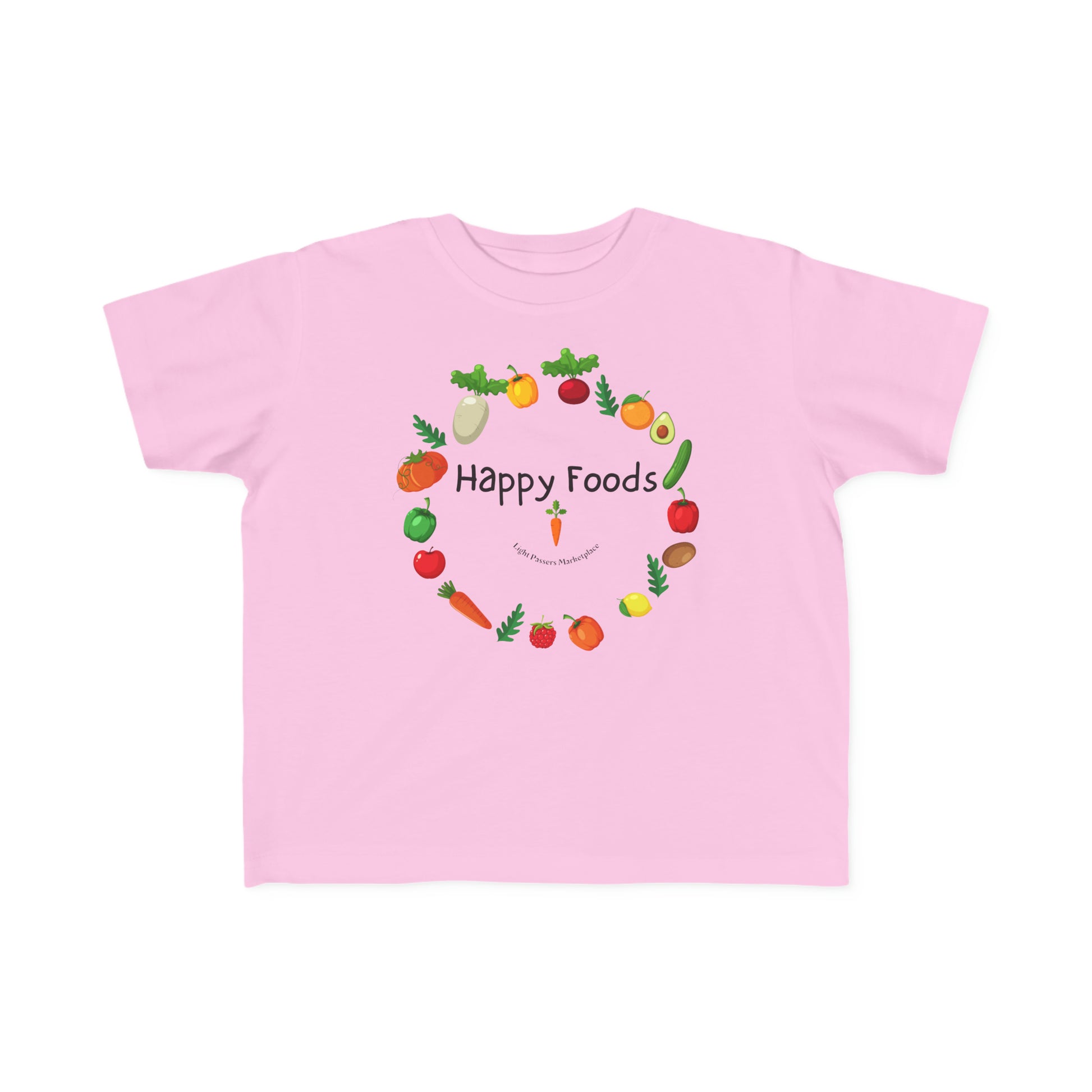 A pink toddler t-shirt featuring a smiley face made of fruit and vegetables, with a logo of a carrot and a cartoon radish. Made of 100% combed cotton, light fabric, tear-away label, and a classic fit.