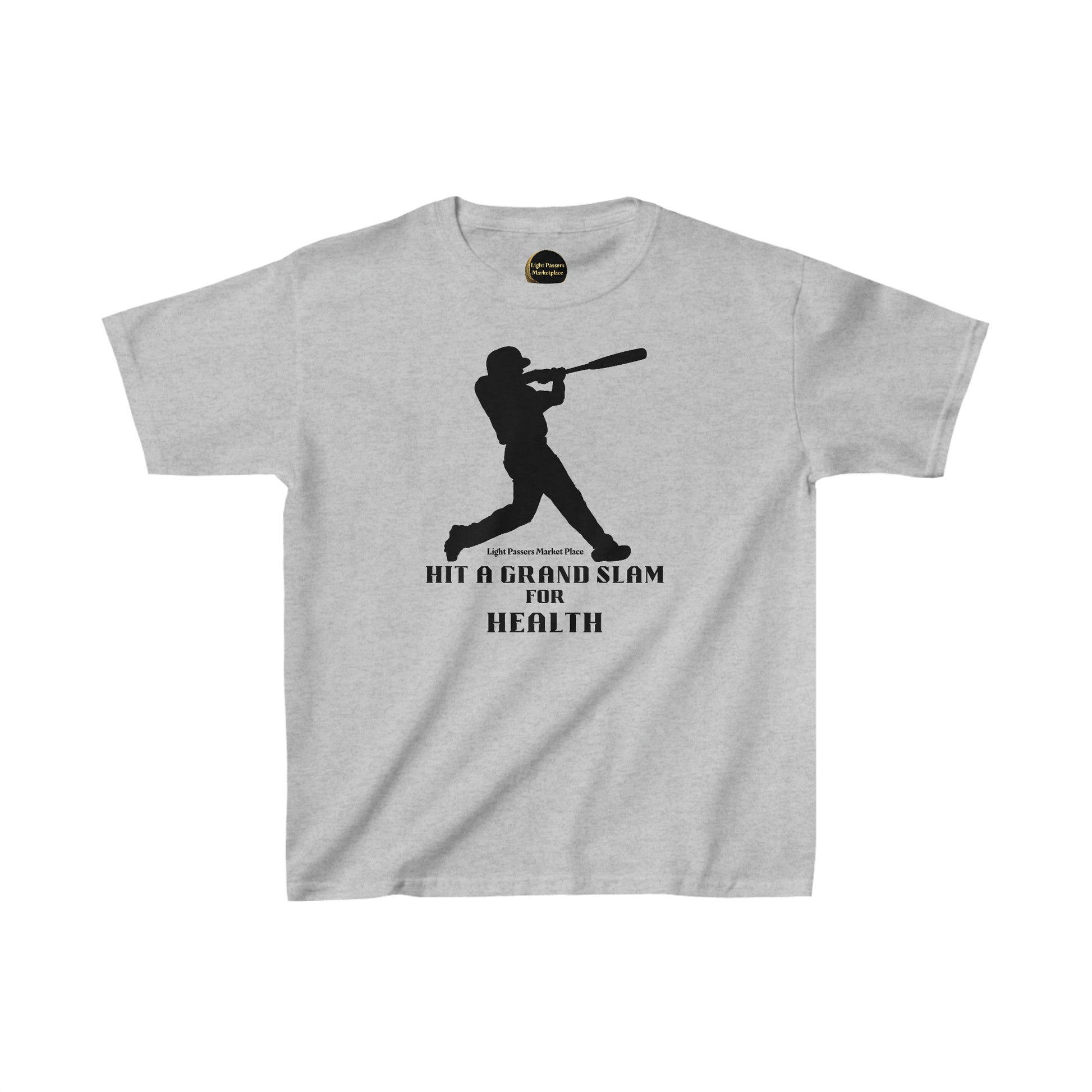 Youth t-shirt featuring a man swinging a bat silhouette. 100% cotton, durable twill tape shoulders, ribbed collar, no side seams. Ethically made with US cotton. Perfect for everyday wear.