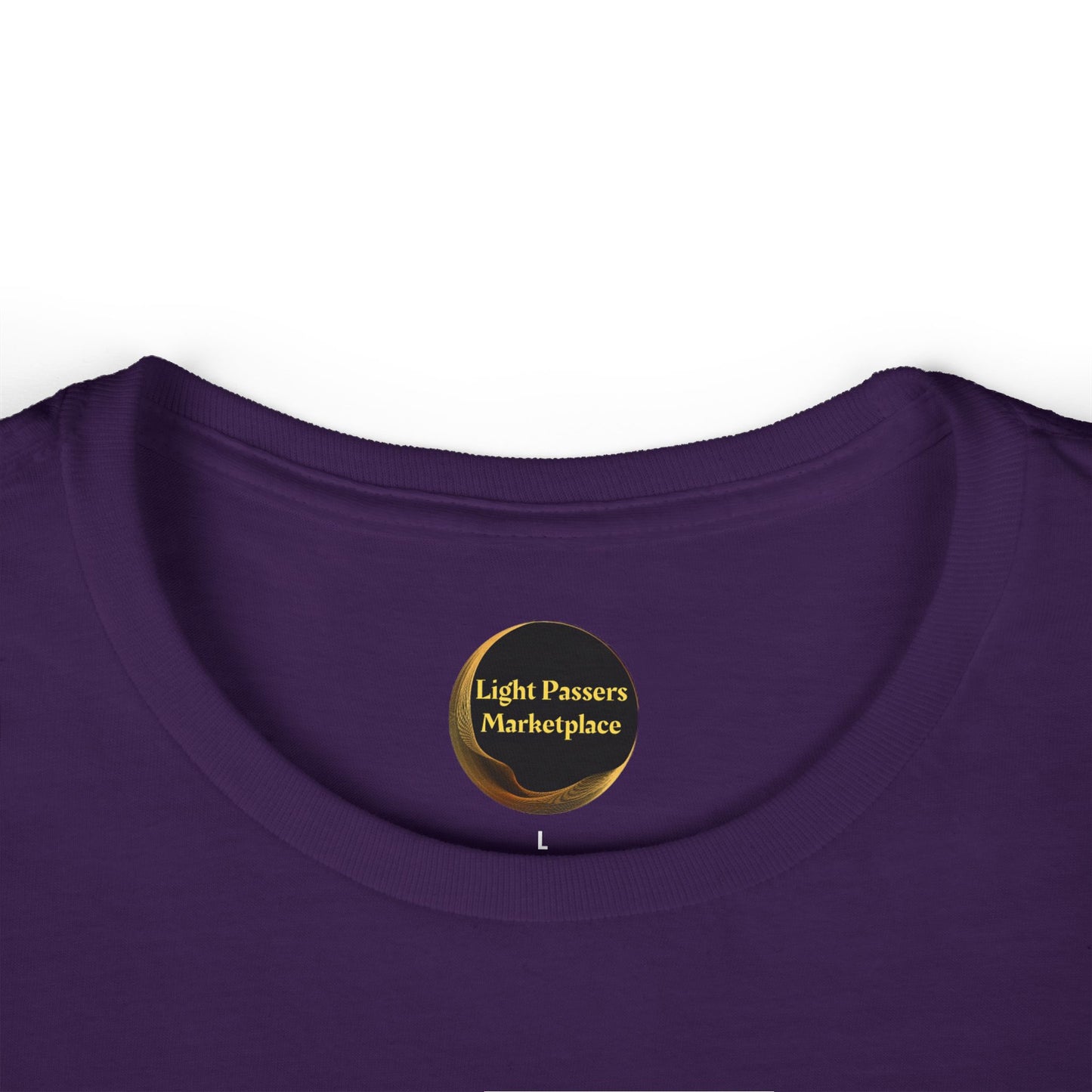 Purple T-shirt with Light Passers Marketplace label and size L, featuring a magical unicorn design ideal for yoga or casual wear.