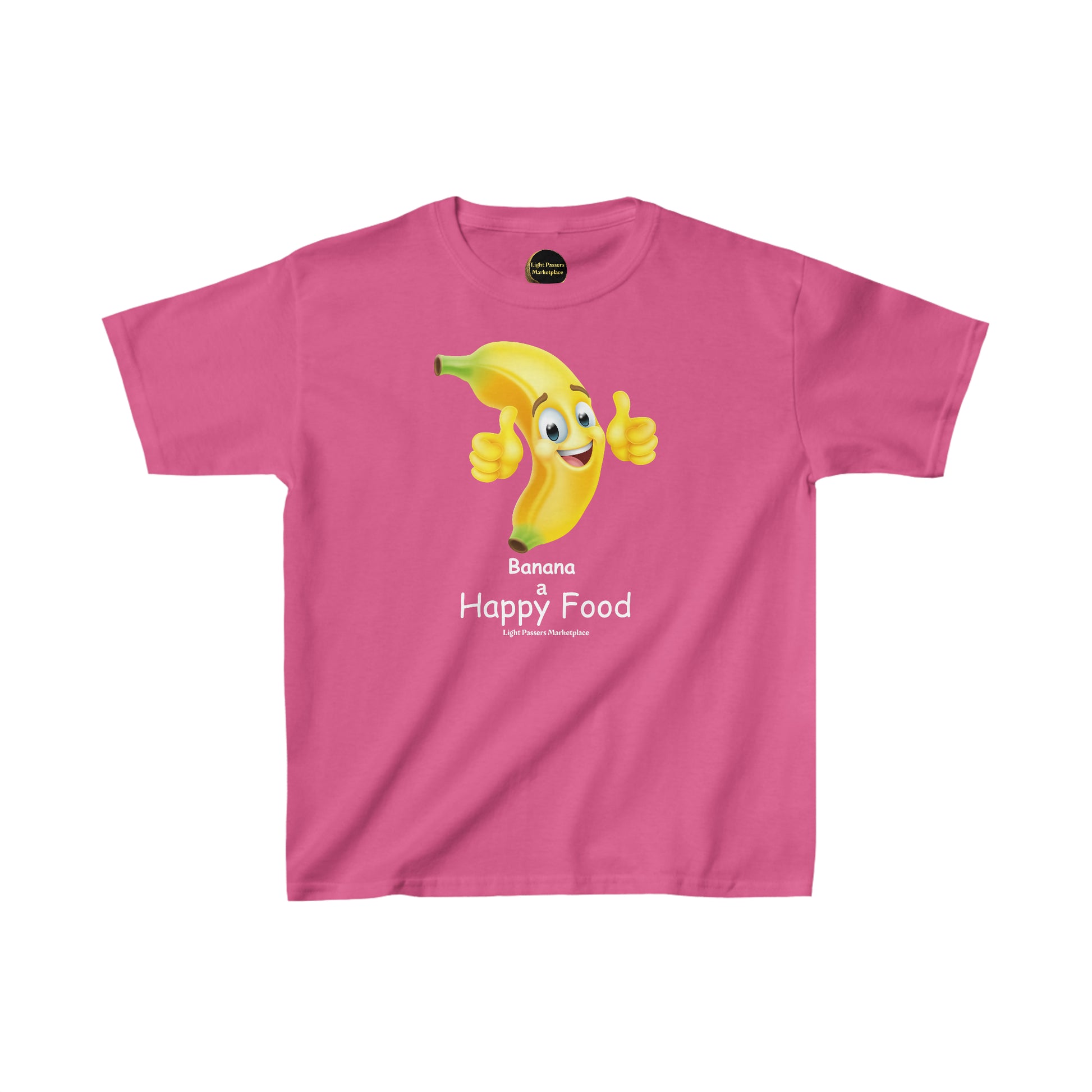 A pink youth t-shirt featuring a cartoon banana character with a thumbs-up gesture. Made of 100% cotton for comfort, with twill tape shoulders for durability and a curl-resistant ribbed collar.