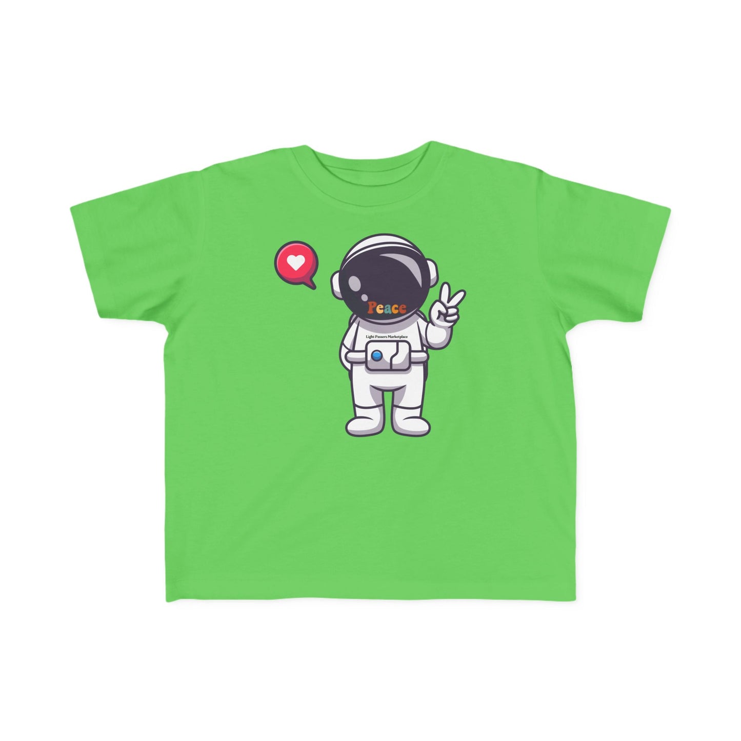 Peace Astronaut Toddler T-shirt with chibi astronaut, glossy helmet, and peace-sign; features Peace and Light Passers Marketplace tagline, ideal for sensitive skin.