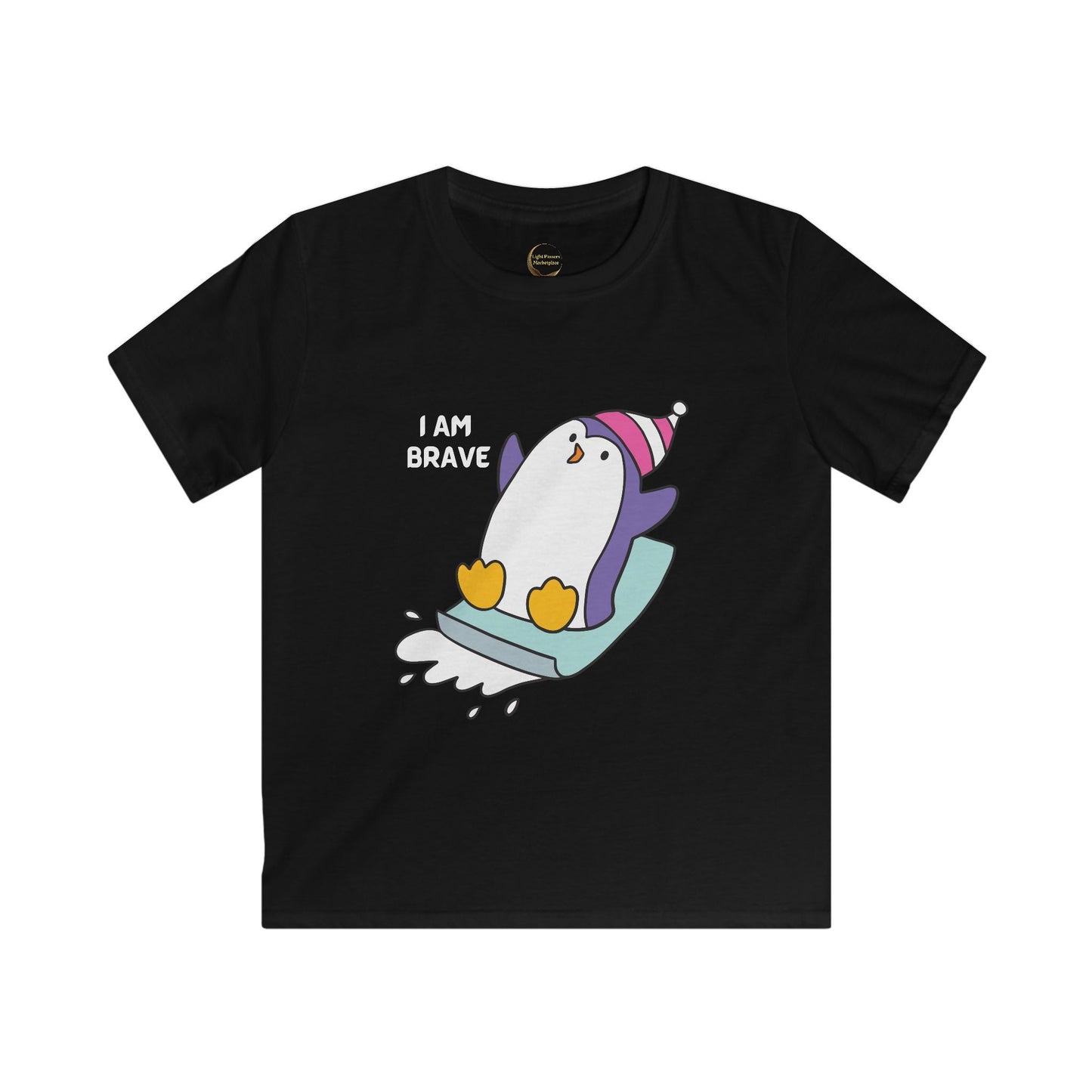 Youth Kids Penguin Tee - 'I AM BRAVE' Cute Cartoon Penguin T-Shirt for Children Dark Colors