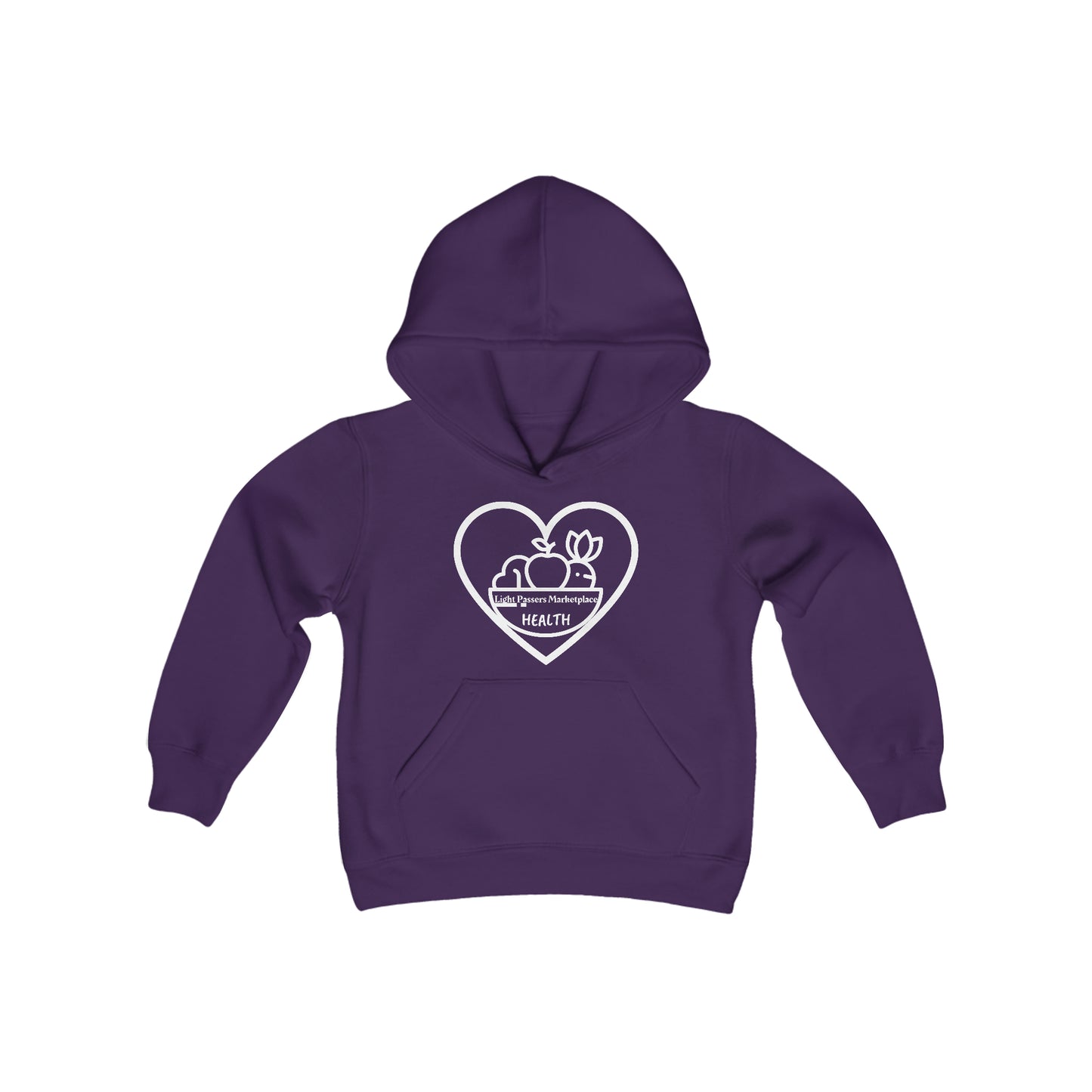 A purple youth hooded sweatshirt featuring a heart and fruit design, made of soft, preshrunk fleece. Kangaroo pocket, twill taping, 50% cotton, 50% polyester blend for optimal printing.