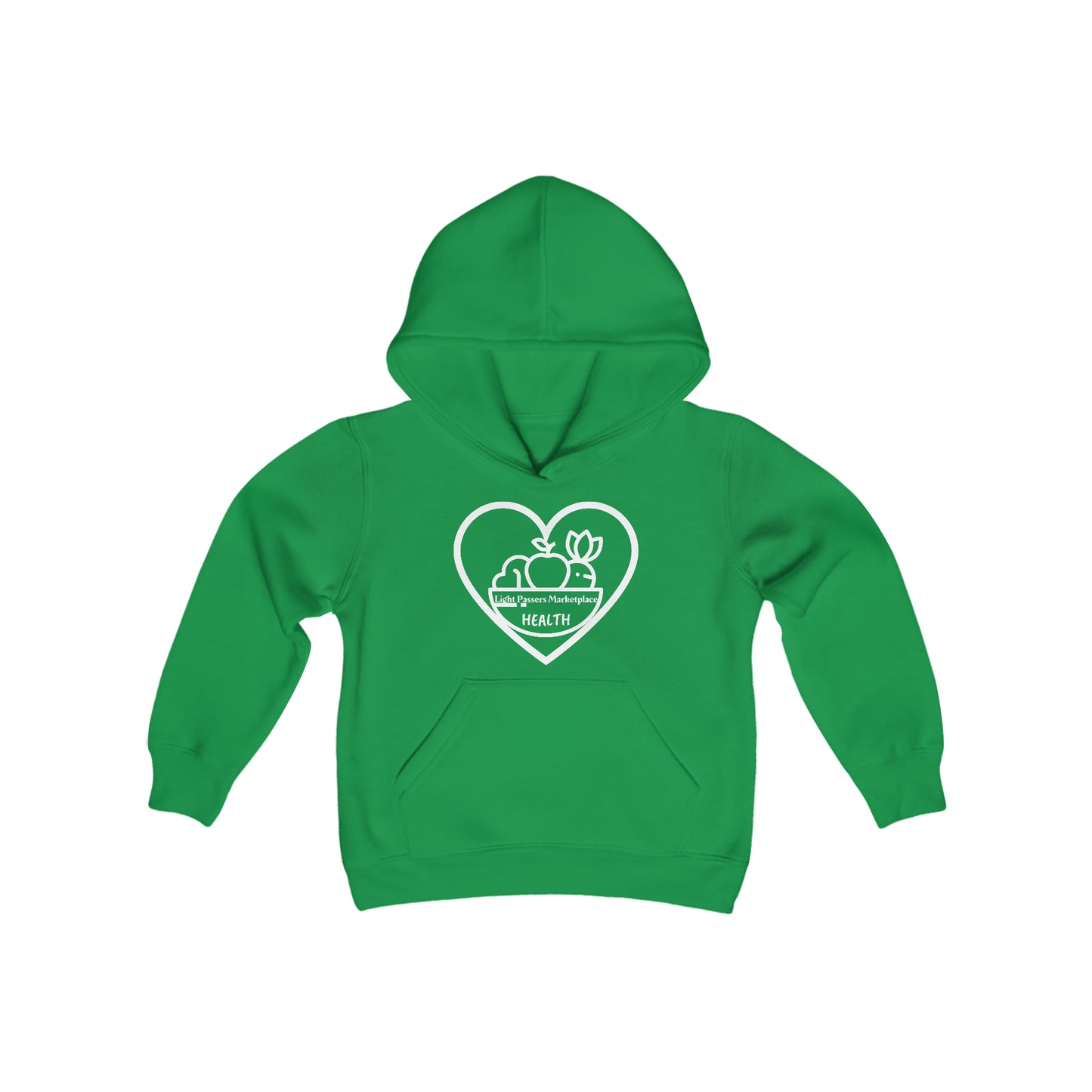 A green youth hooded sweatshirt featuring a heart, fruit, and logo design. Made of soft, preshrunk fleece with a kangaroo pocket and twill taping.