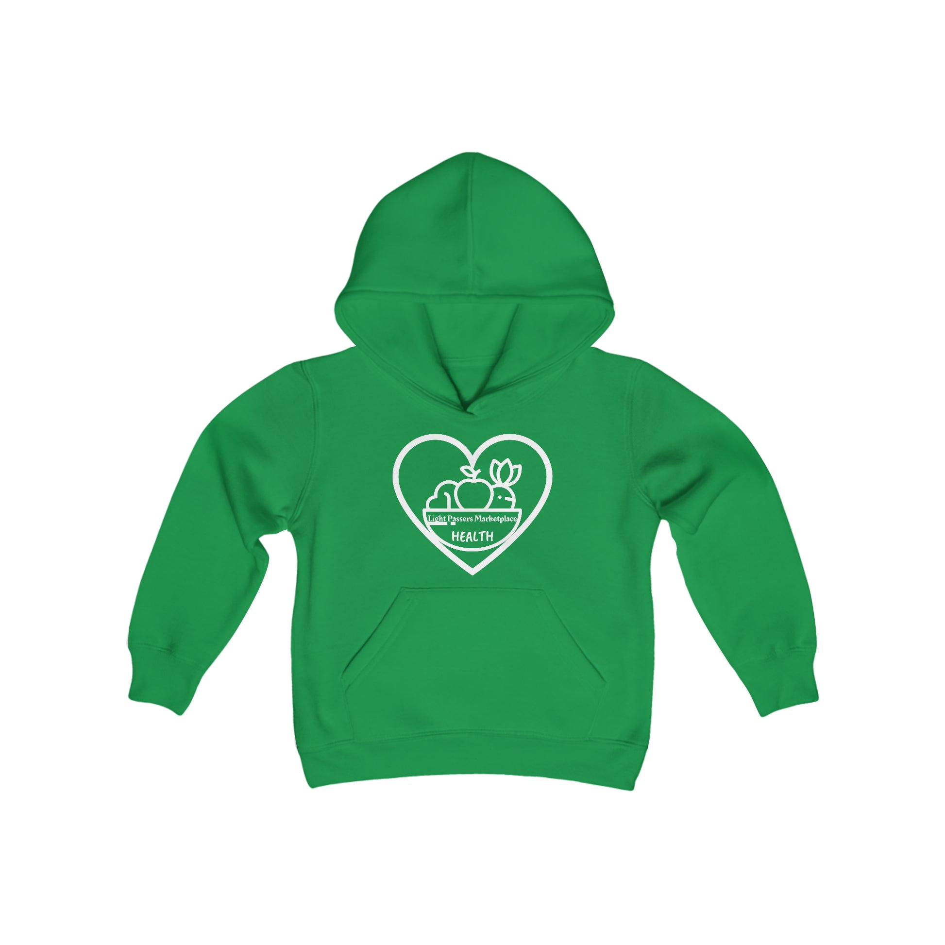 A green youth hooded sweatshirt featuring a heart, fruit, and logo design. Made of soft, preshrunk fleece with a kangaroo pocket and twill taping.