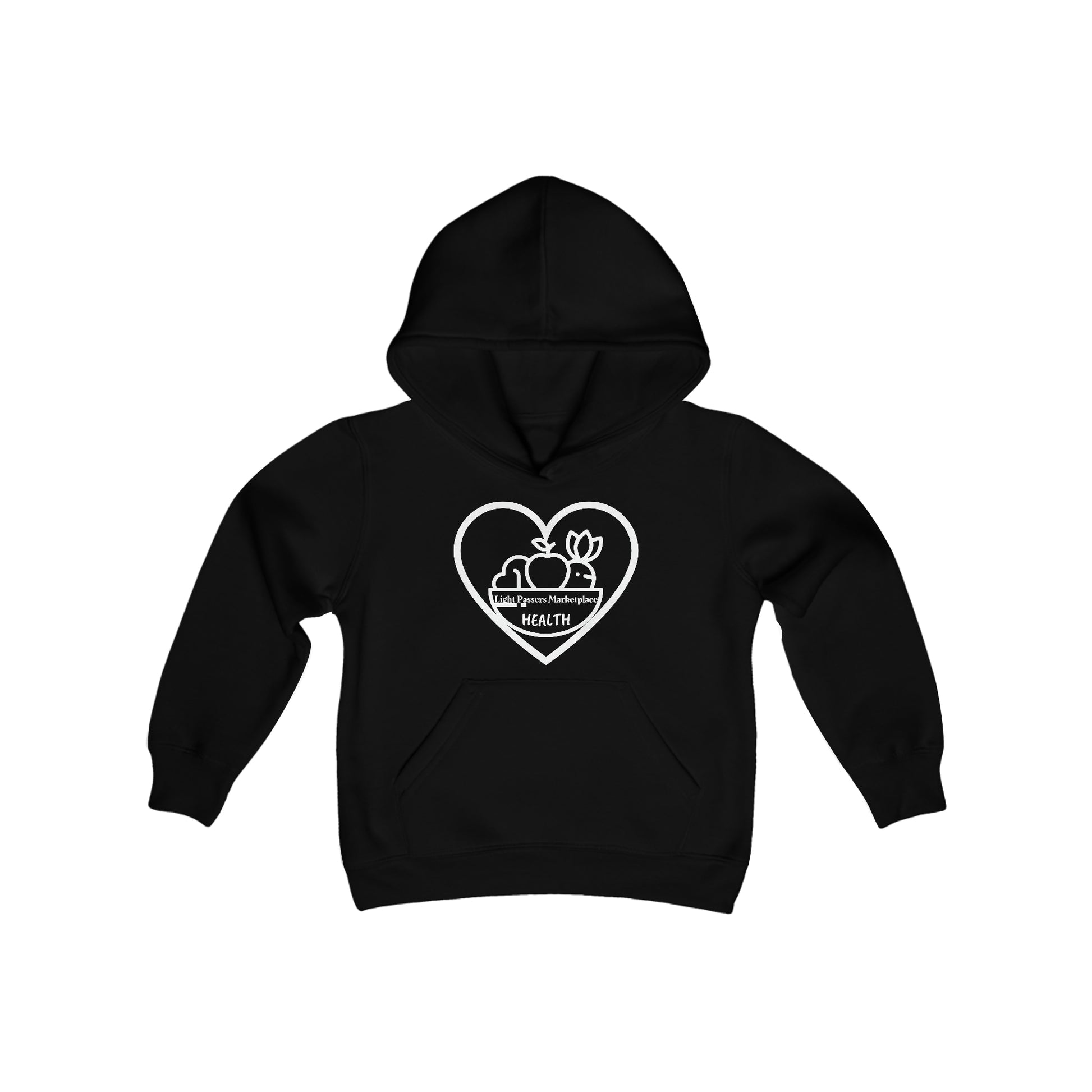 Youth blend hooded sweatshirt featuring heart and fruit logo, kangaroo pocket, and twill taping. 50% cotton, 50% polyester, soft fleece. Ideal for printing.