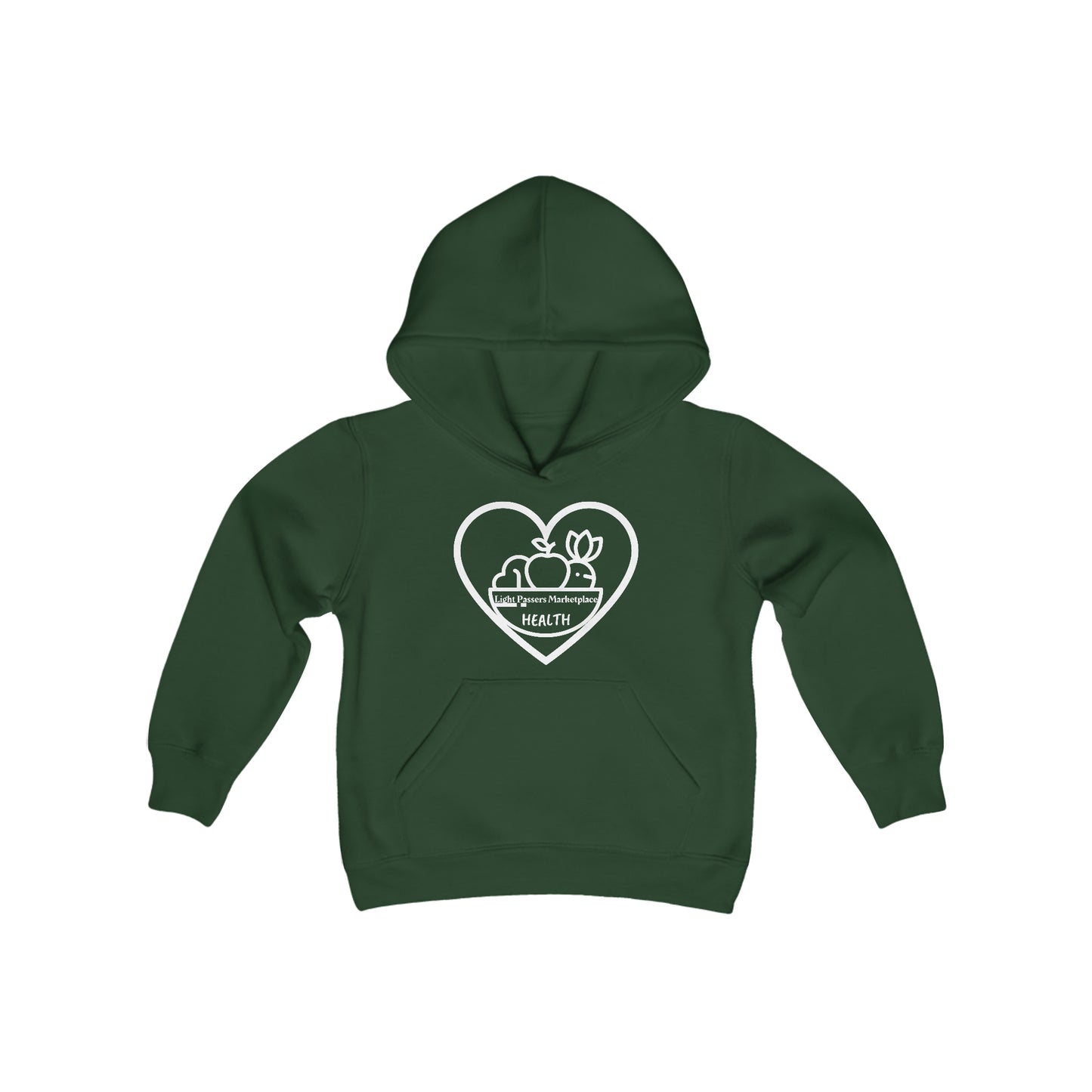 A green youth hooded sweatshirt featuring a heart and bird logo with fruit accents. Made of soft, preshrunk fleece, 50% cotton 50% polyester blend, with a kangaroo pocket and twill taping.