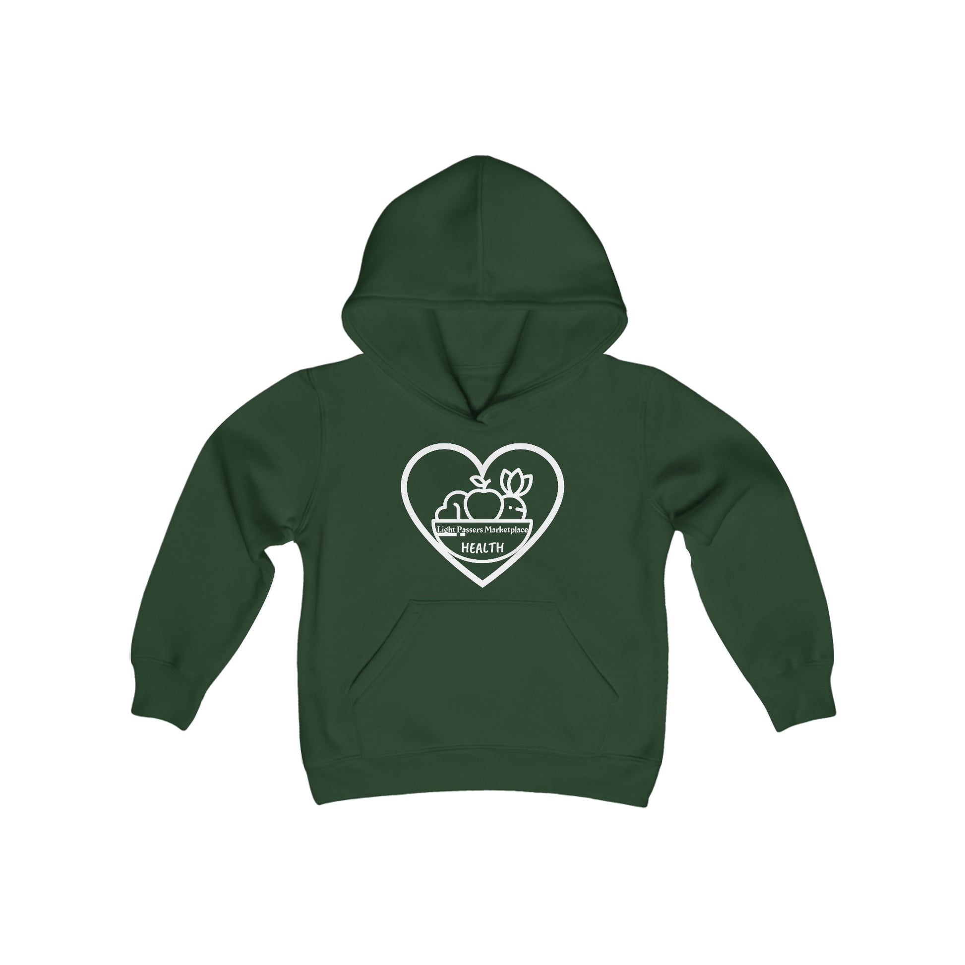 A green youth hooded sweatshirt featuring a heart and bird logo with fruit accents. Made of soft, preshrunk fleece, 50% cotton 50% polyester blend, with a kangaroo pocket and twill taping.