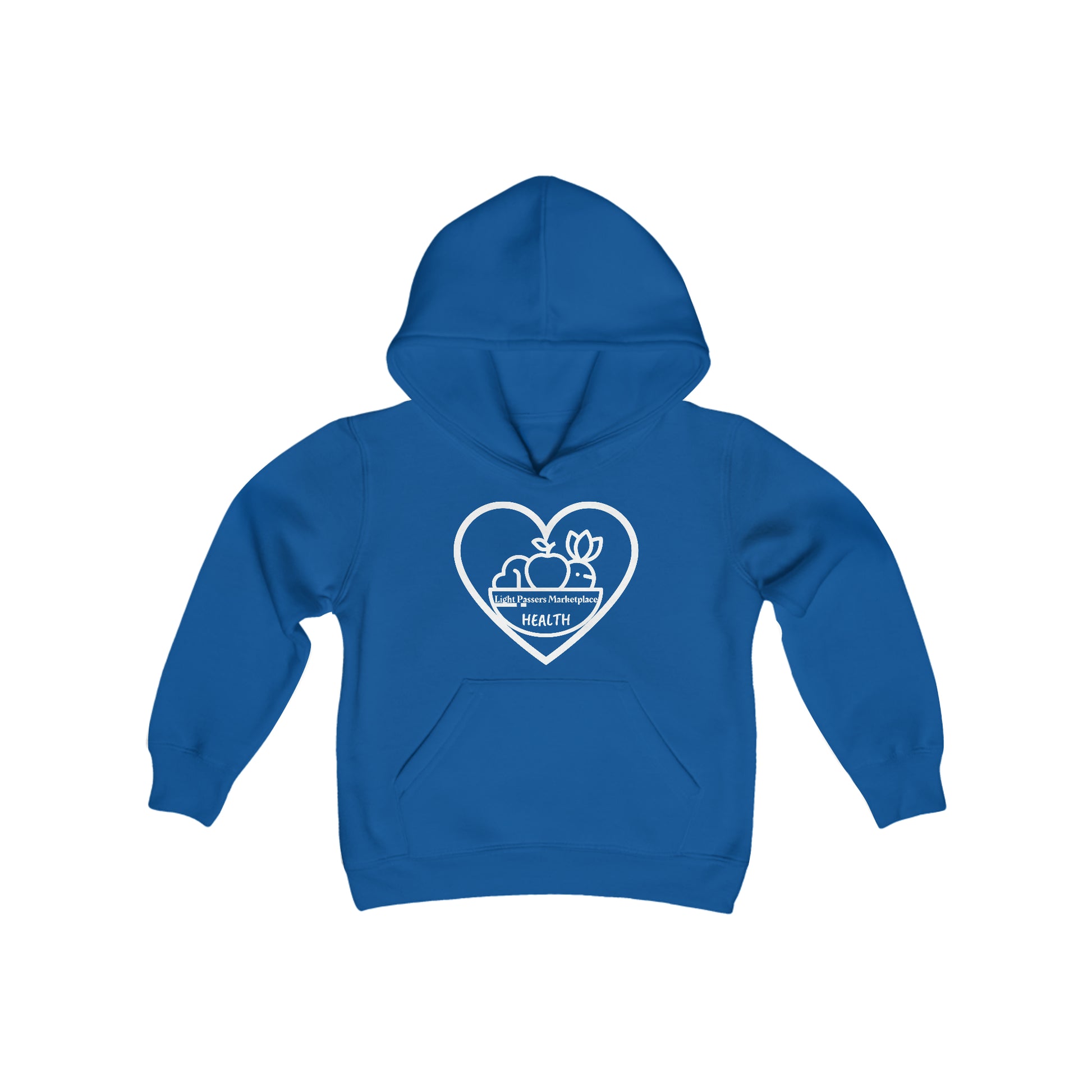 A blue youth hooded sweatshirt featuring a heart and fruit logo, with a kangaroo pocket and twill taping. Made of soft, preshrunk fleece (50% cotton, 50% polyester).