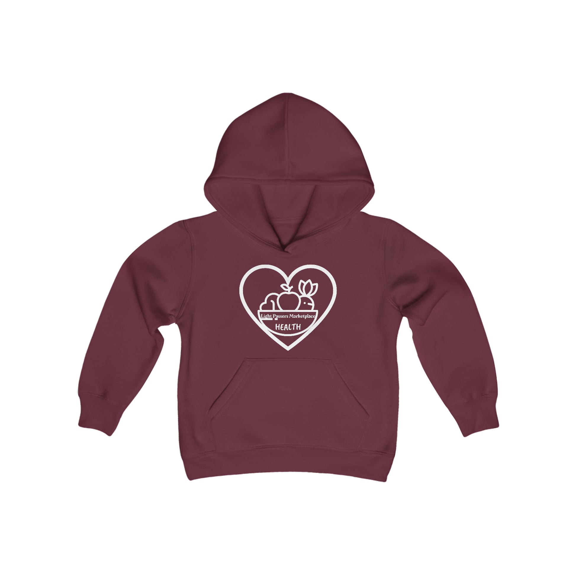 A maroon youth hooded sweatshirt featuring a heart and fruit design, made of soft preshrunk fleece. Kangaroo pocket, twill taping, 50% cotton 50% polyester blend for print quality.