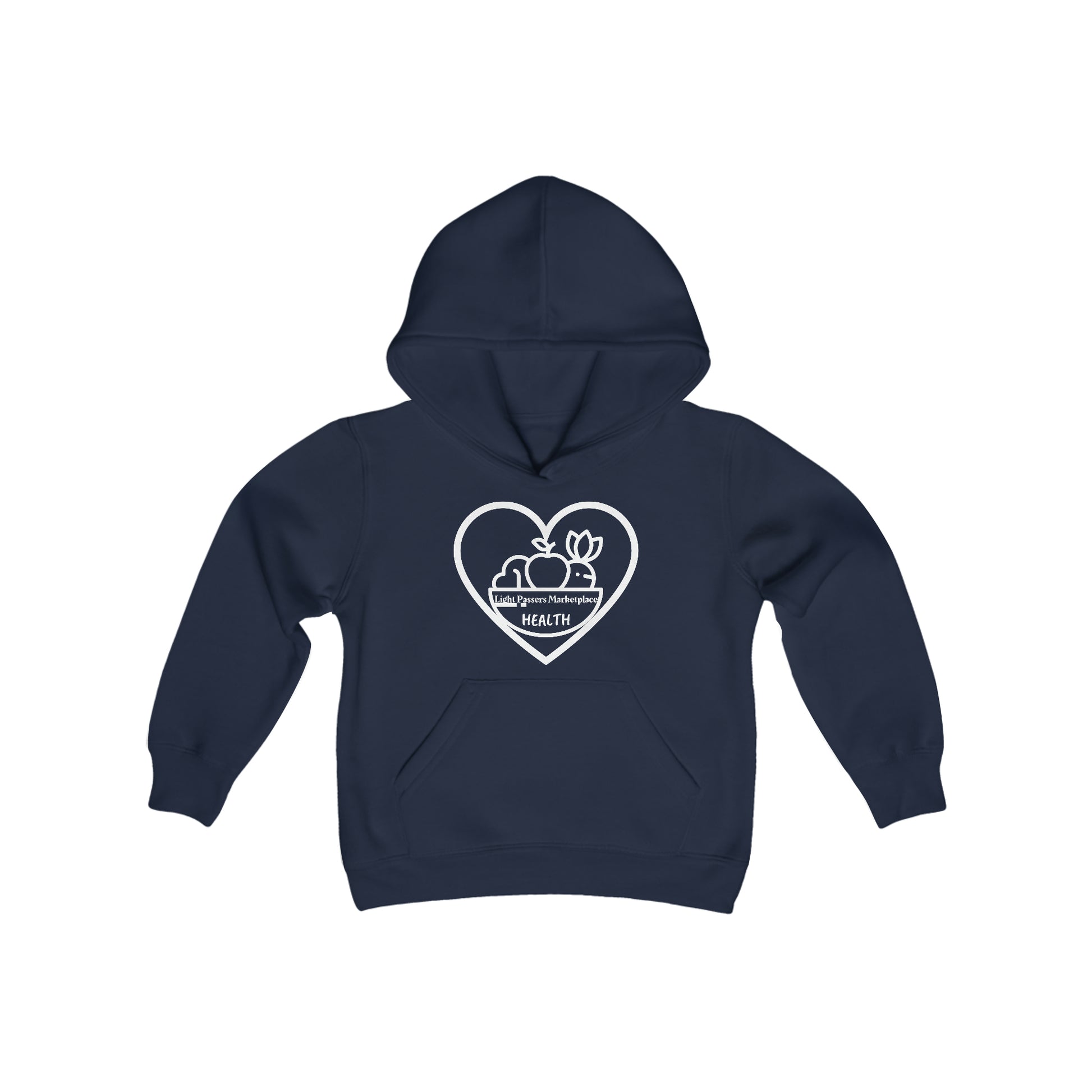 Youth blend hooded sweatshirt featuring a heart and fruit design, kangaroo pocket, and twill-taped neck. 50% cotton, 50% polyester, soft fleece, ideal for printing.