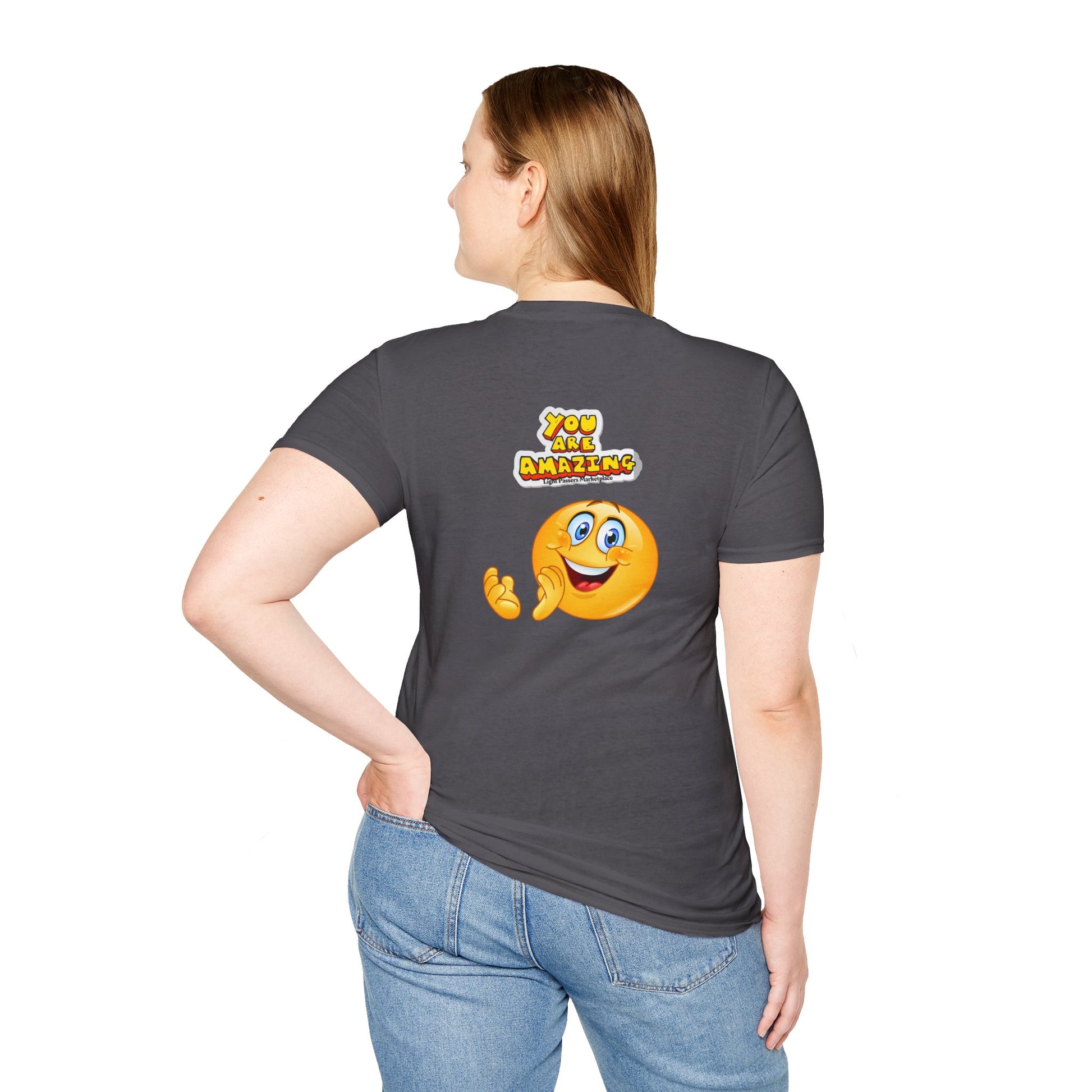 A unisex soft-style t-shirt featuring a smiley face design, made of 100% ring-spun cotton. Classic fit with ribbed collar and tear-away label for comfort. Ethically sourced and Oeko-Tex certified.