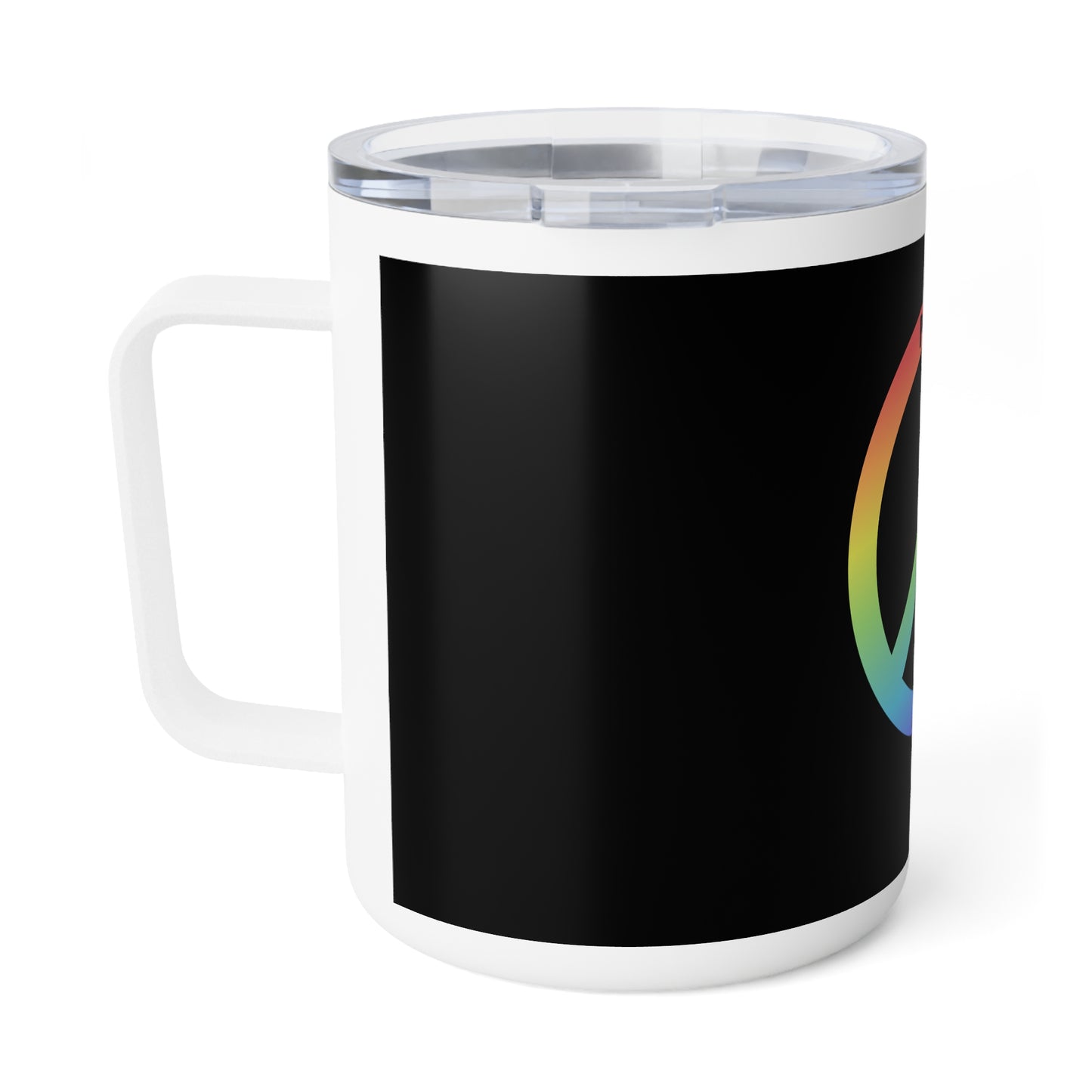 Love and Peace Peace Insulated Mug—10oz, features a rainbow peace symbol on a white body with a clear lid, ideal for calming daily rituals.