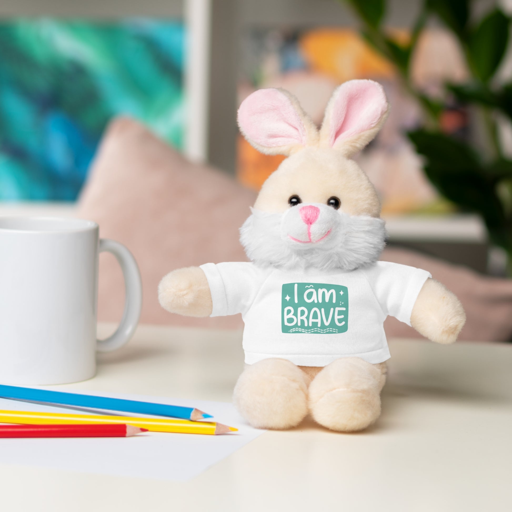 Cool Stuff Stuffies Bunny stuffed animal with removable tee featuring I am Brave message, ideal for kids, combining comfort and personalization.