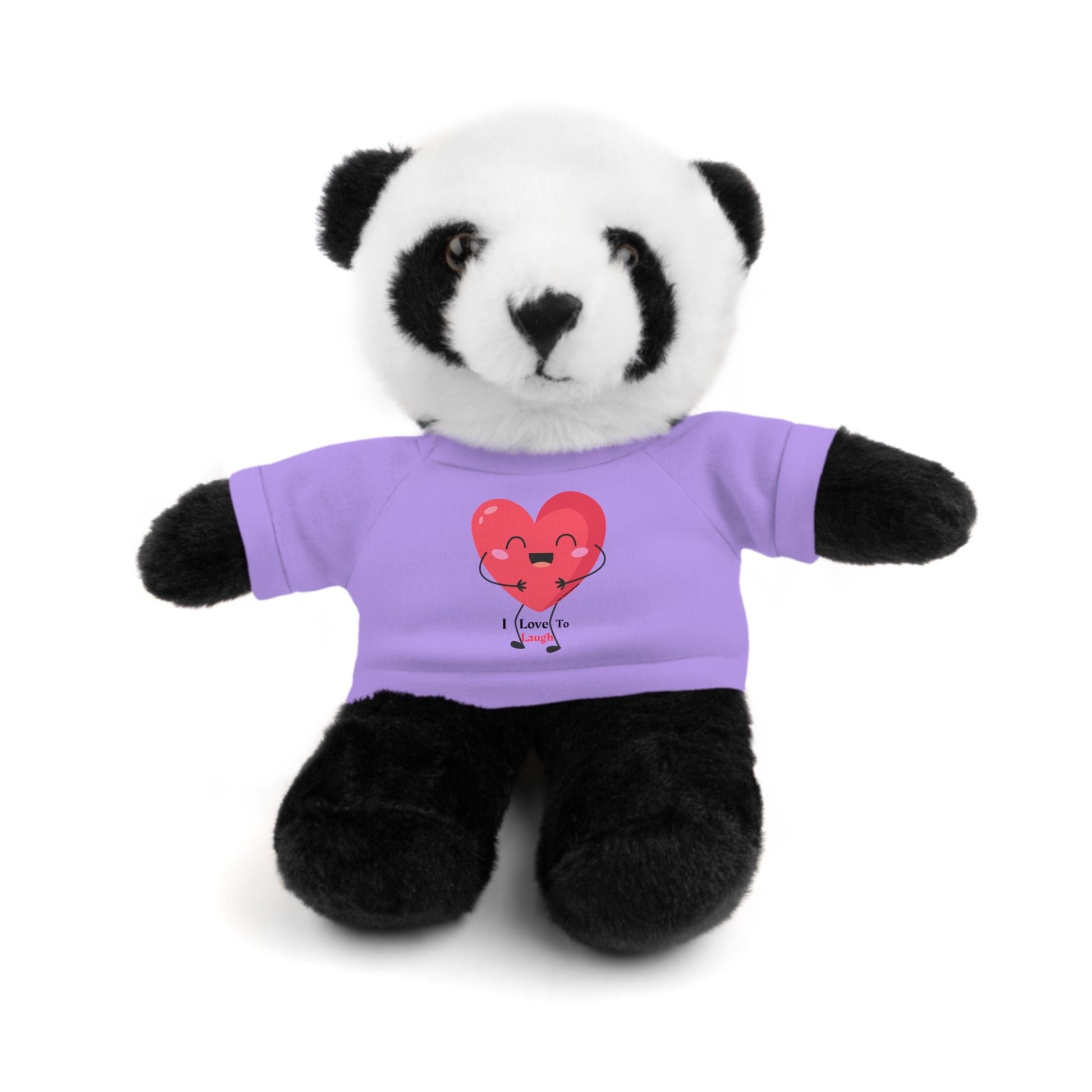 Stuffed panda bear wearing a purple shirt with a heart design, part of the Cool Stuff Stuffies collection, offering customizable shirts for gifting.