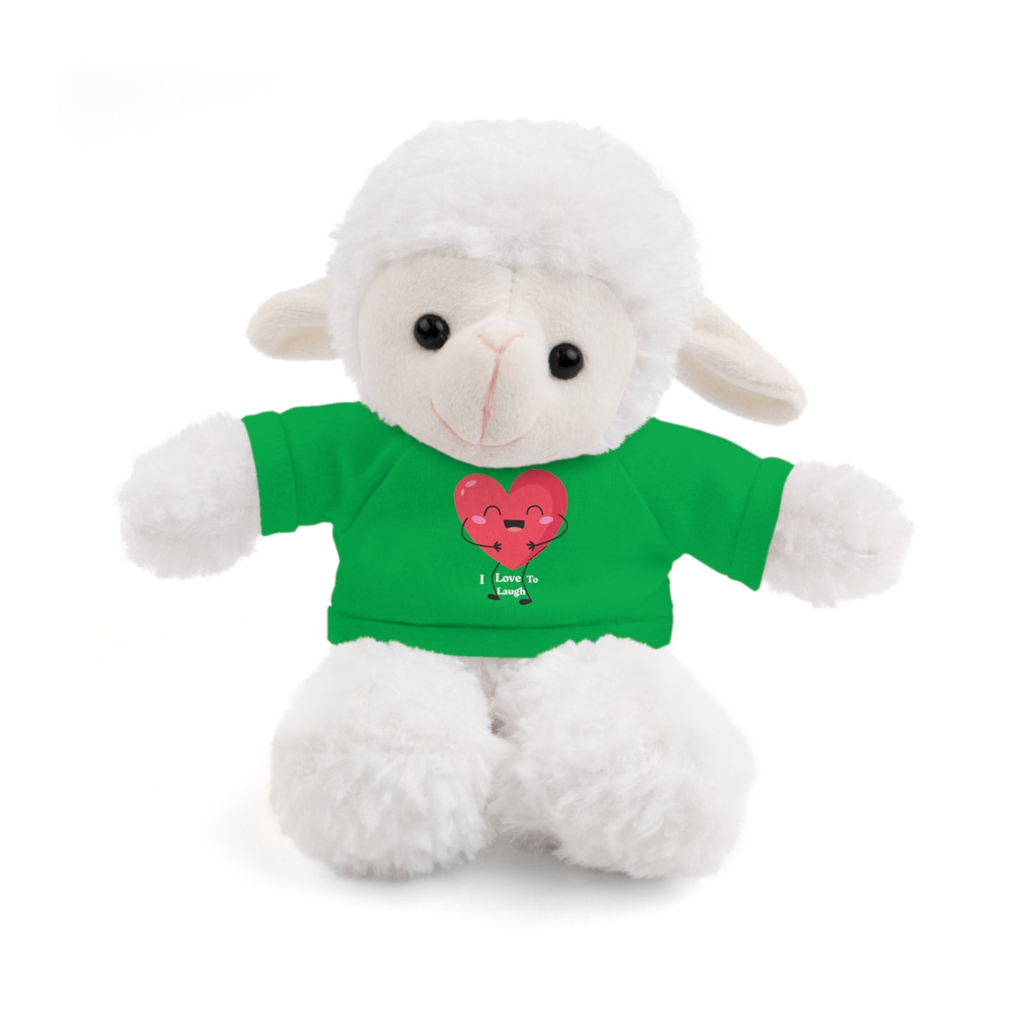 Stuffed animal in a green shirt, part of Cool Stuff Stuffies collection, featuring a removable I Love to Laugh heart-themed T-shirt.